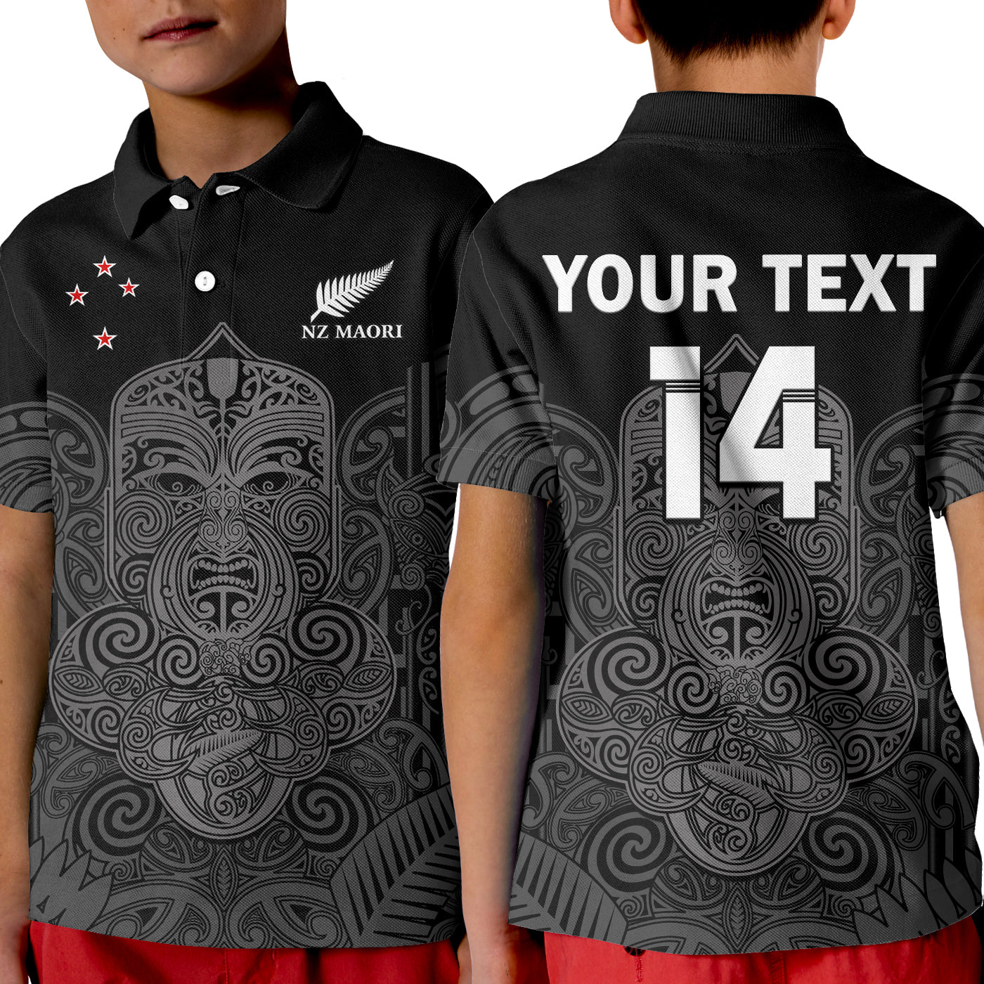 (Custom Text And Number) New Zealand Tiki Rugby Polo Shirt KID NZ Maori Koru Pattern Ver.01 LT14 Kid Black - Polynesian Pride