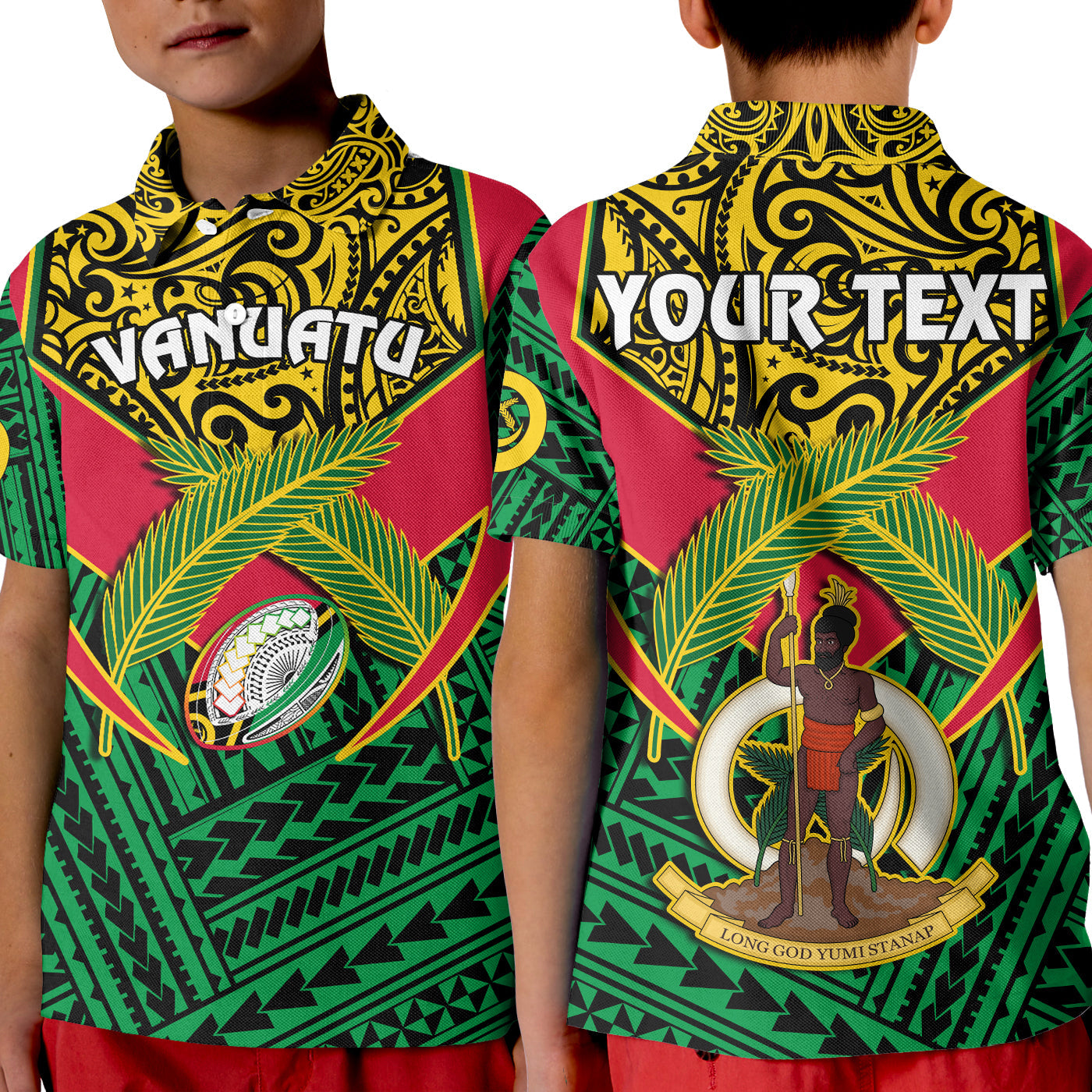 Custom Vanuatu Rugby Polo Shirt KID Coat Of Arms Polynesian Pattern LT14 Kid Green - Polynesian Pride