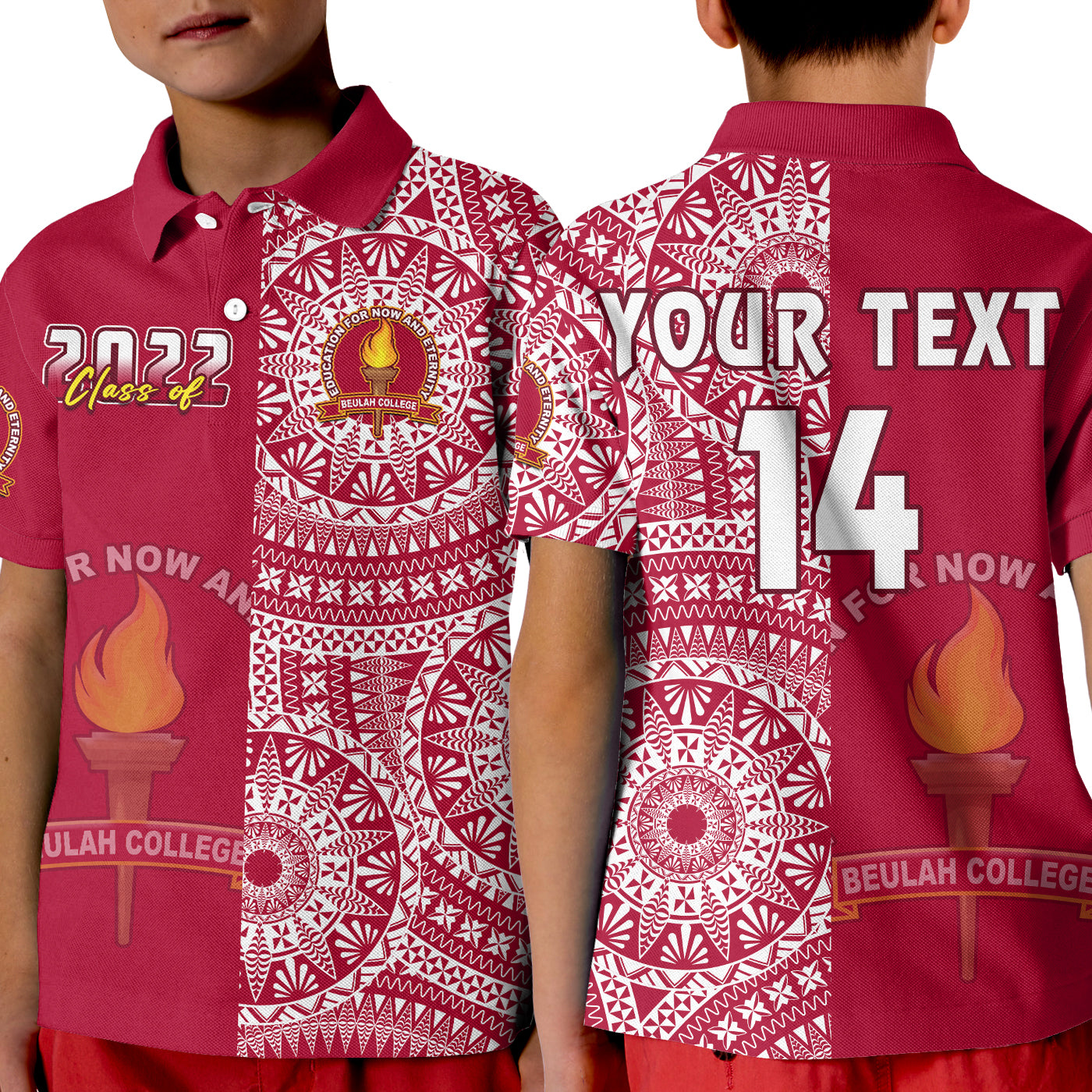 (Custom Text And Number) Beulah Tonga College Polo Shirt KID Class Of Year Tongan Ngatu Pattern LT14 Kid Maroon - Polynesian Pride