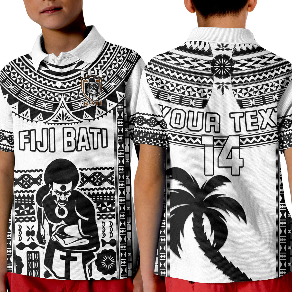 Custom Text and Number Fiji Rugby Polo Shirt Pacific The Bati Black Fijian Tapa LT14 Kid Black - Polynesian Pride