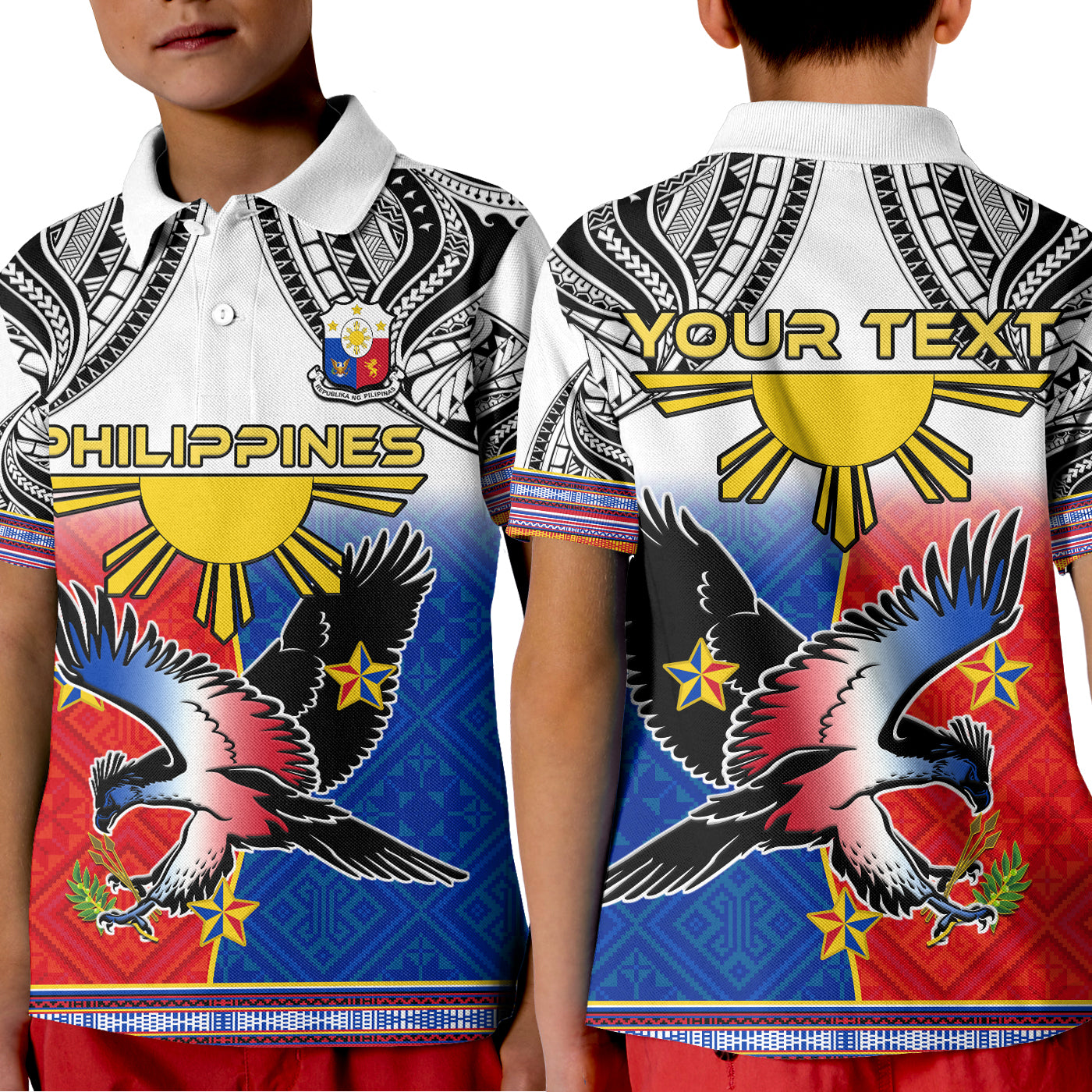 Custom Philippines Polo Shirt KID Polynesian Filipino Pattern With Eagle LT14 Kid White - Polynesian Pride