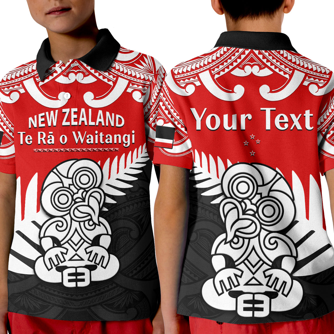 (Custom Personalised) Waitangi Day Polo Shirt KID Tino Rangatiratanga Flag With Tiki Maori Fern LT14 Kid Red - Polynesian Pride