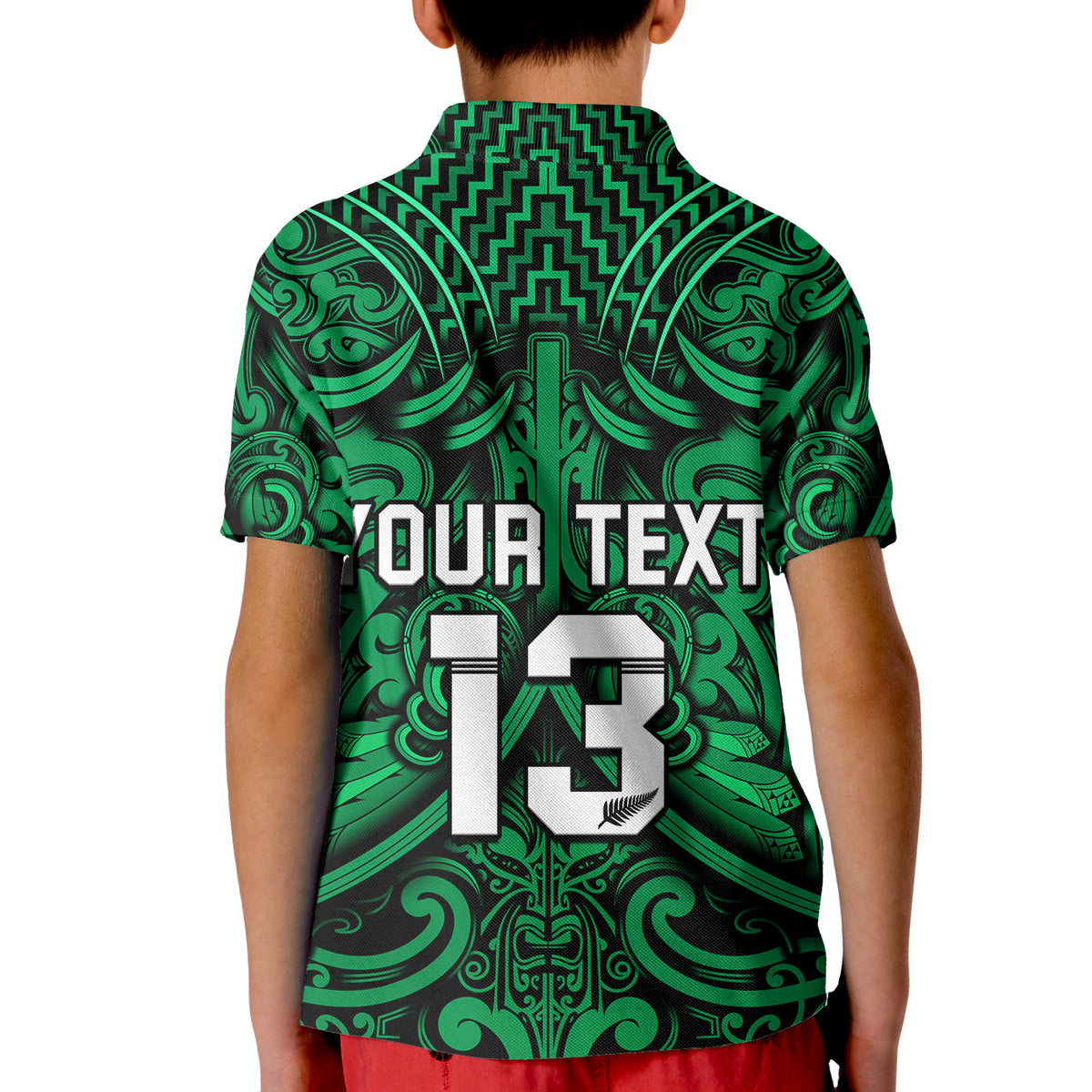 (Custom Text and Number) New Zealand Silver Fern Rugby Polo Shirt KID All Black Green NZ Maori Pattern LT13 - Polynesian Pride