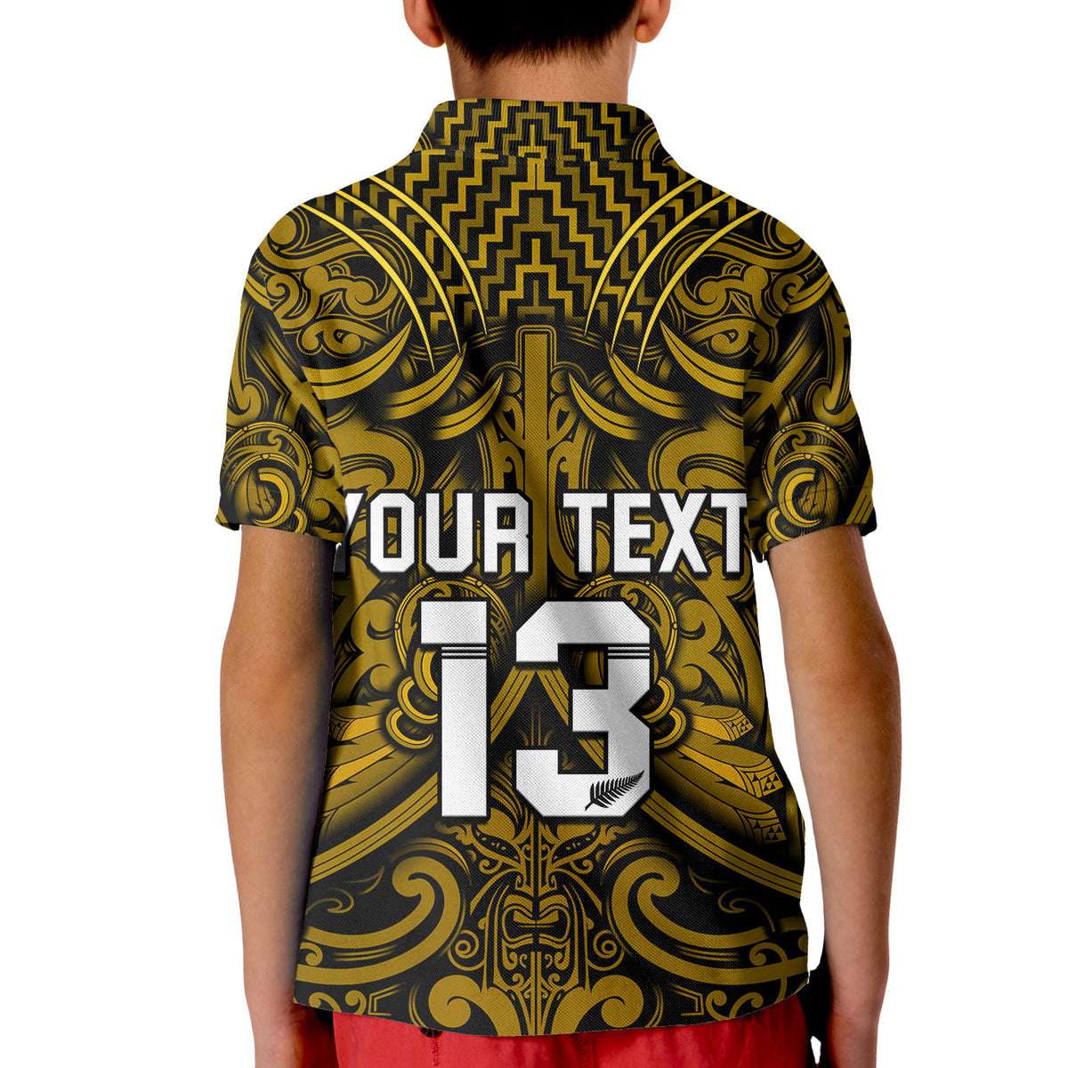 (Custom Text and Number) New Zealand Silver Fern Rugby Polo Shirt KID All Black Gold NZ Maori Pattern LT13 - Polynesian Pride