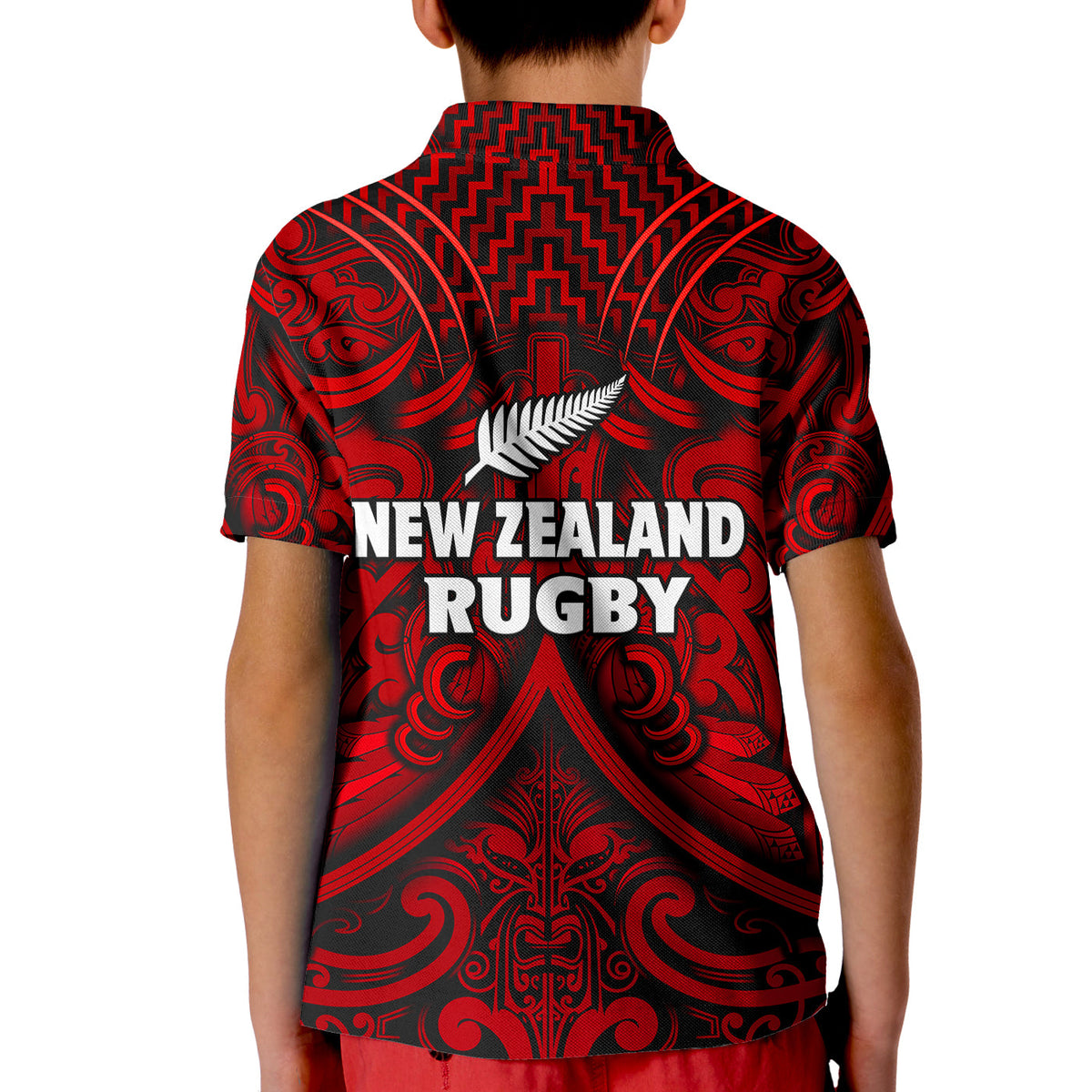 New Zealand Silver Fern Rugby Polo Shirt All Black Red NZ Maori Pattern LT13 - Polynesian Pride