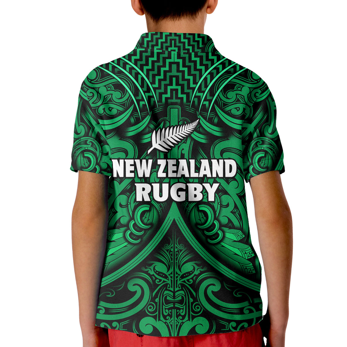 New Zealand Silver Fern Rugby Polo Shirt KID All Black Green NZ Maori Pattern LT13 - Polynesian Pride