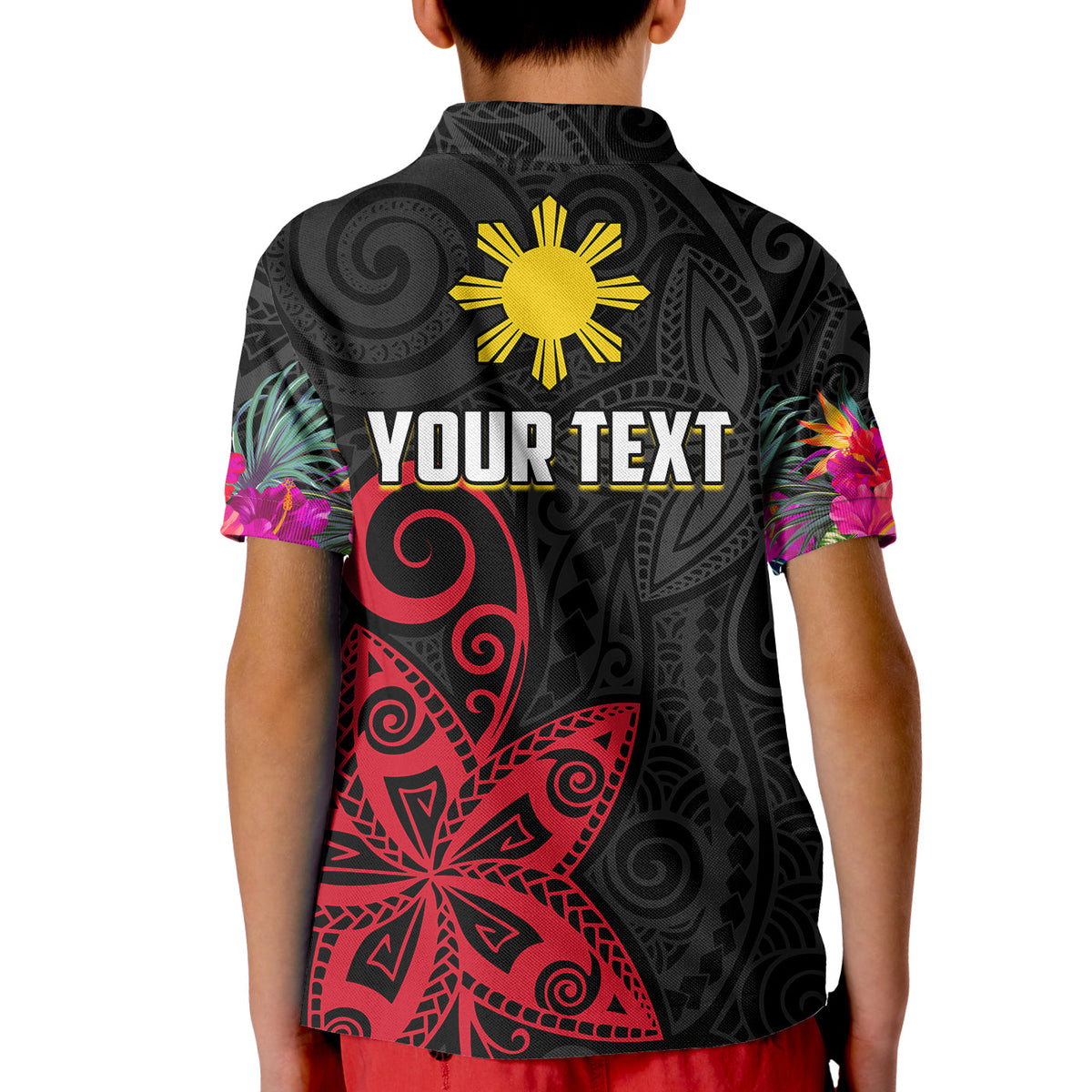 (Custom Personalised) Philippines Polo Shirt KID Sun Filipino Polynesian mix Flowers Black Vibe LT13 - Polynesian Pride