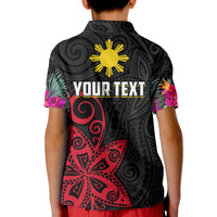 (Custom Personalised) Philippines Polo Shirt KID Sun Filipino Polynesian mix Flowers Black Vibe LT13 - Polynesian Pride