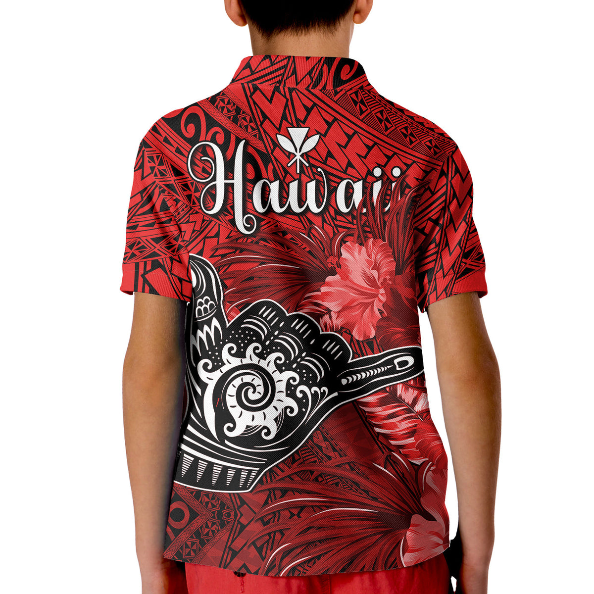 The Shaka Hawaii Polo Shirt KID Tropical Flowers Red Version LT13 - Polynesian Pride