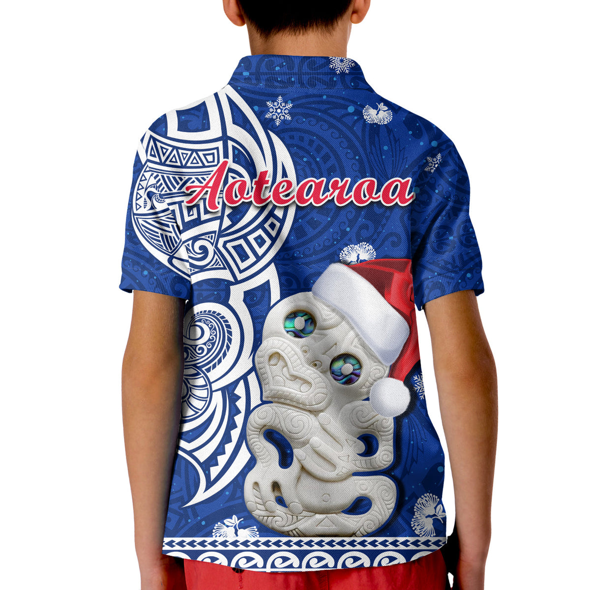 New Zealand Christmas Polo Shirt KID Hei Tiki Blue Pohutukawa Meri Kirihimete LT14 - Polynesian Pride