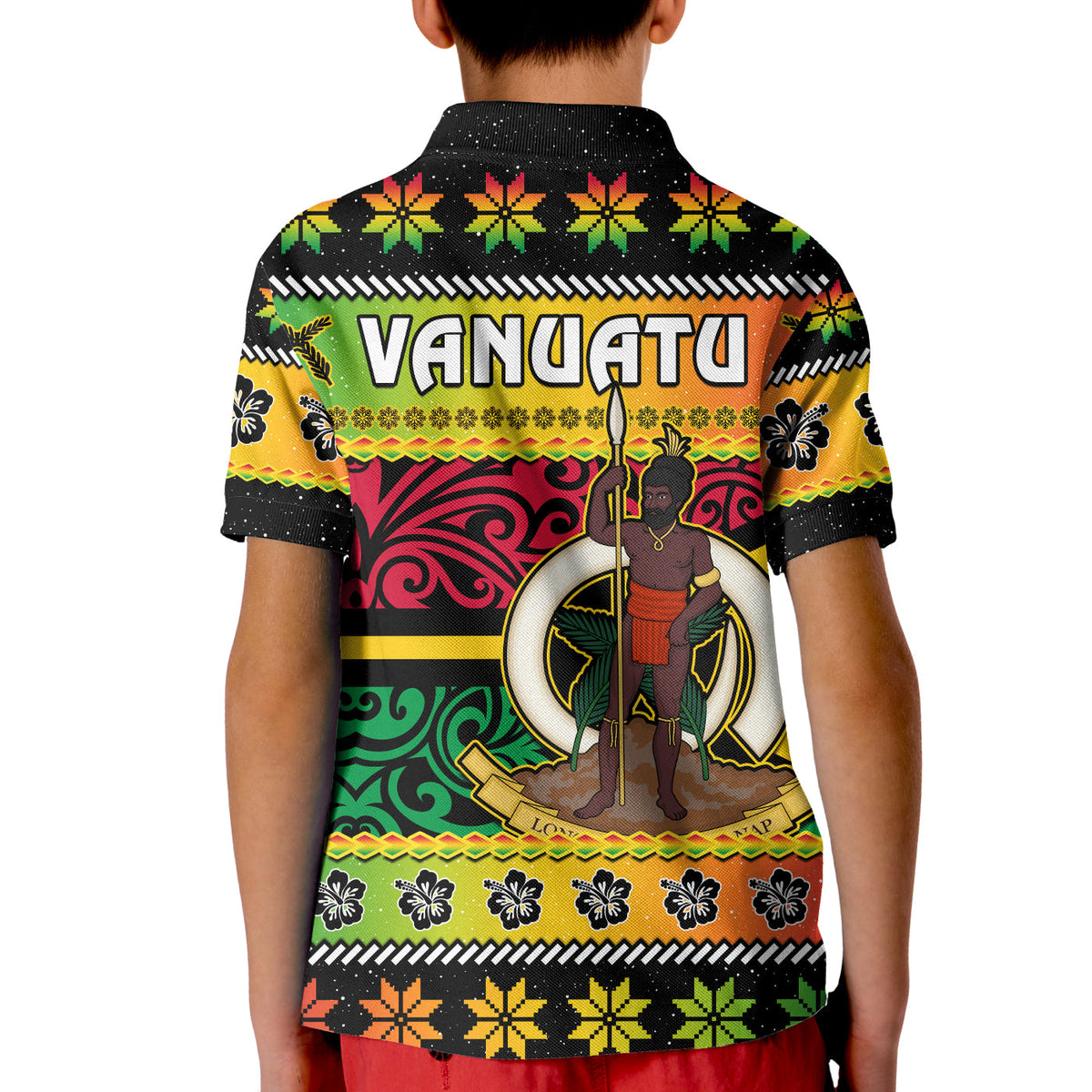 Vanuatu Christmas Polo Shirt KID Pig Tusk Polynesian Joyeux Noel Flag Art LT14 - Polynesian Pride