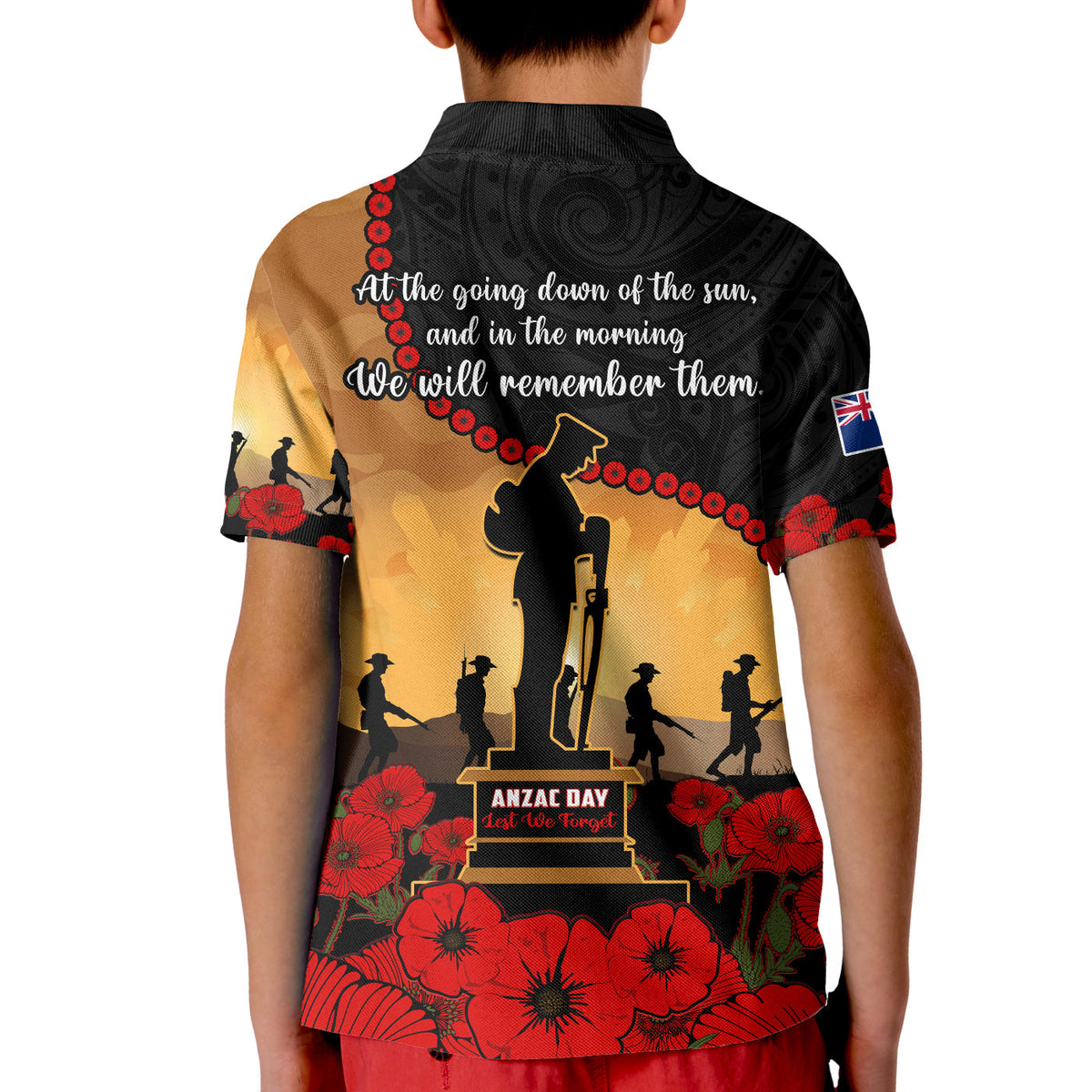 New Zealand Anzac Polo Shirt KID Maori Camouflage Mix Poppies We Will Remember Them LT14 - Polynesian Pride