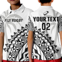 (Custom Text and Number) Fiji Rugby Polo Shirt Fijian Cibi Dance Tapa Pattern White LT14 Kid White - Polynesian Pride