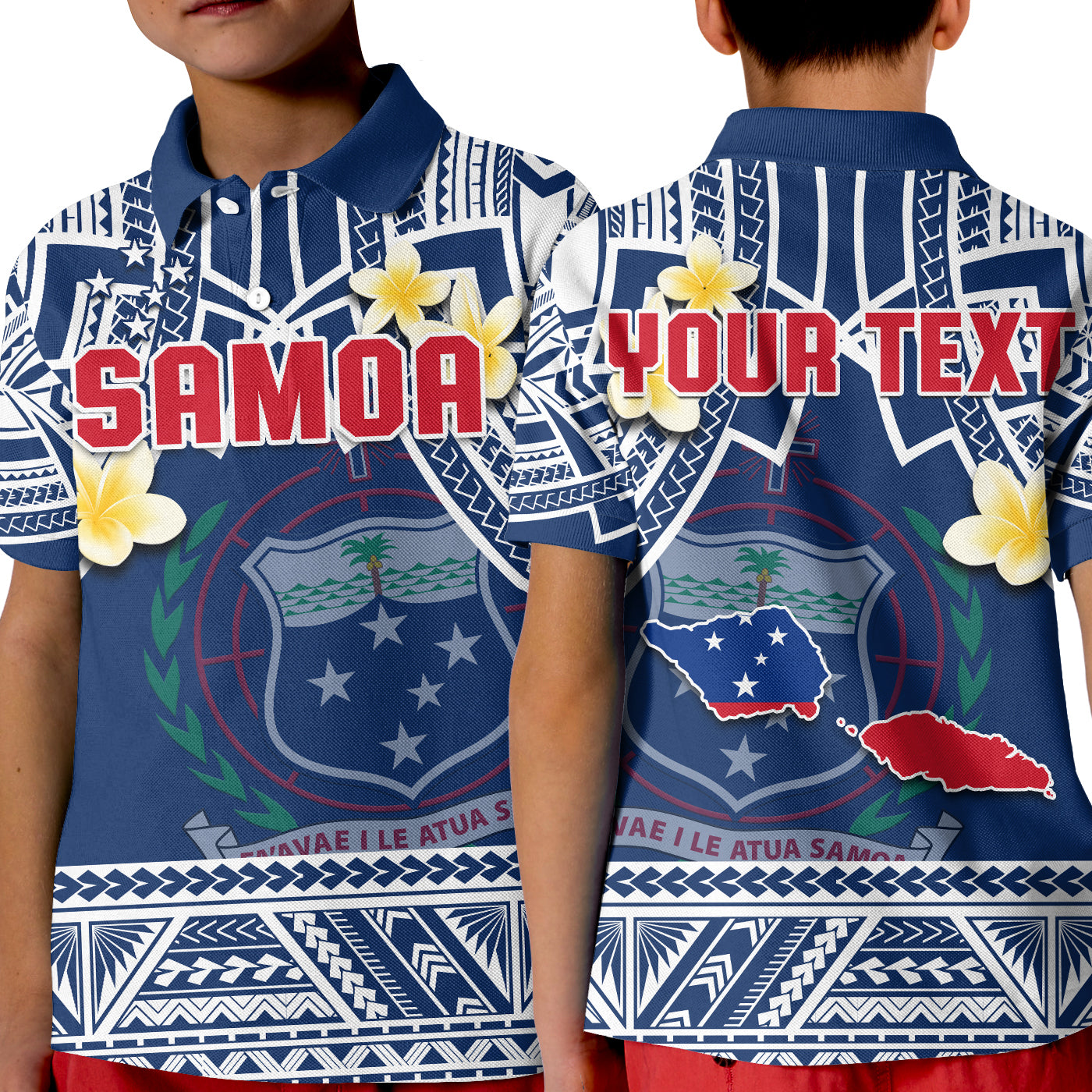 (Custom Personalised) Samoa Polo Shirt KID Samoan Plumeria Flowers Mix Polynesian Pattern LT14 Kid Blue - Polynesian Pride