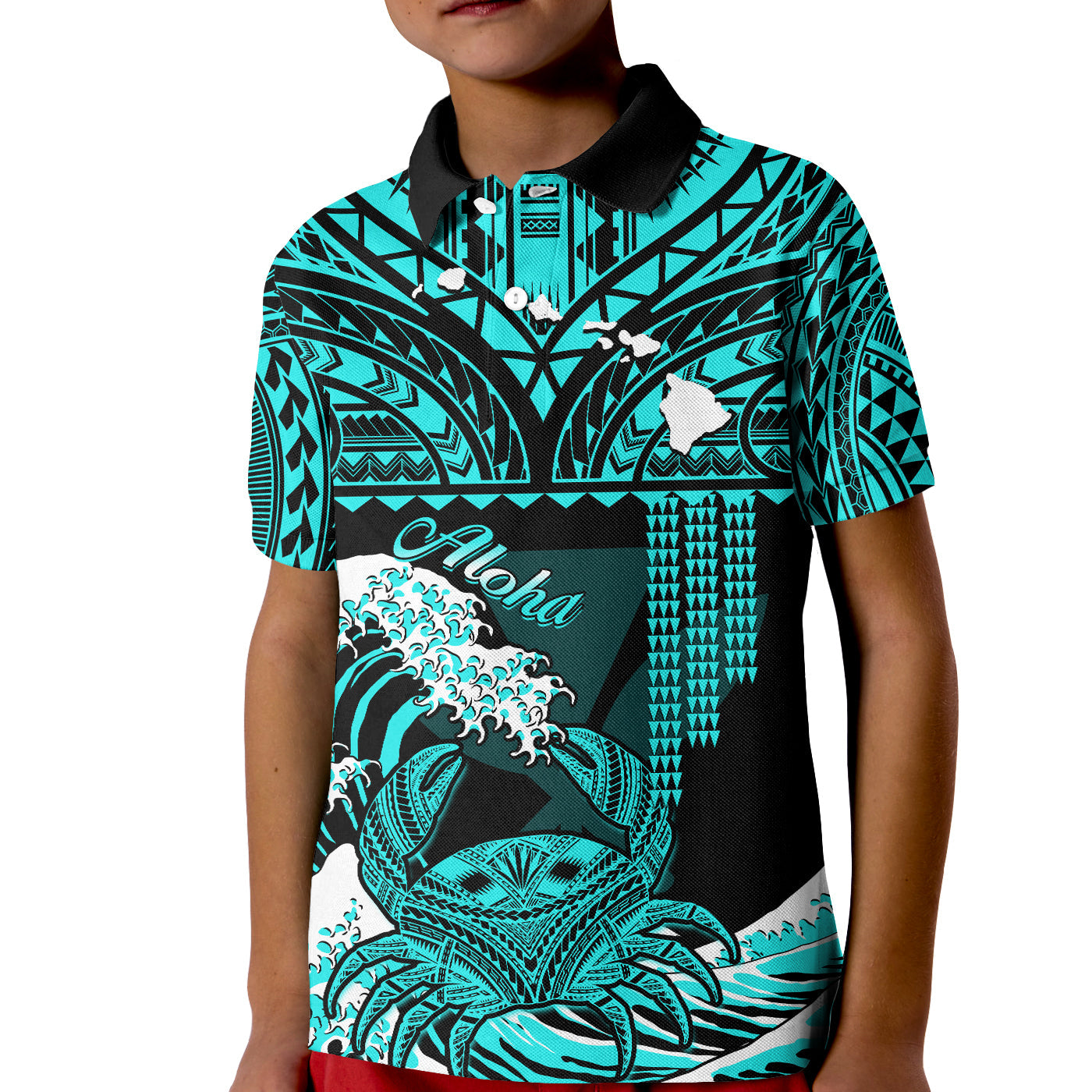 (Custom Personalised) Hawaii Polo Shirt KID Kakau Polynesian Crab With Waves Ver.01 LT14 Kid Turquoise - Polynesian Pride