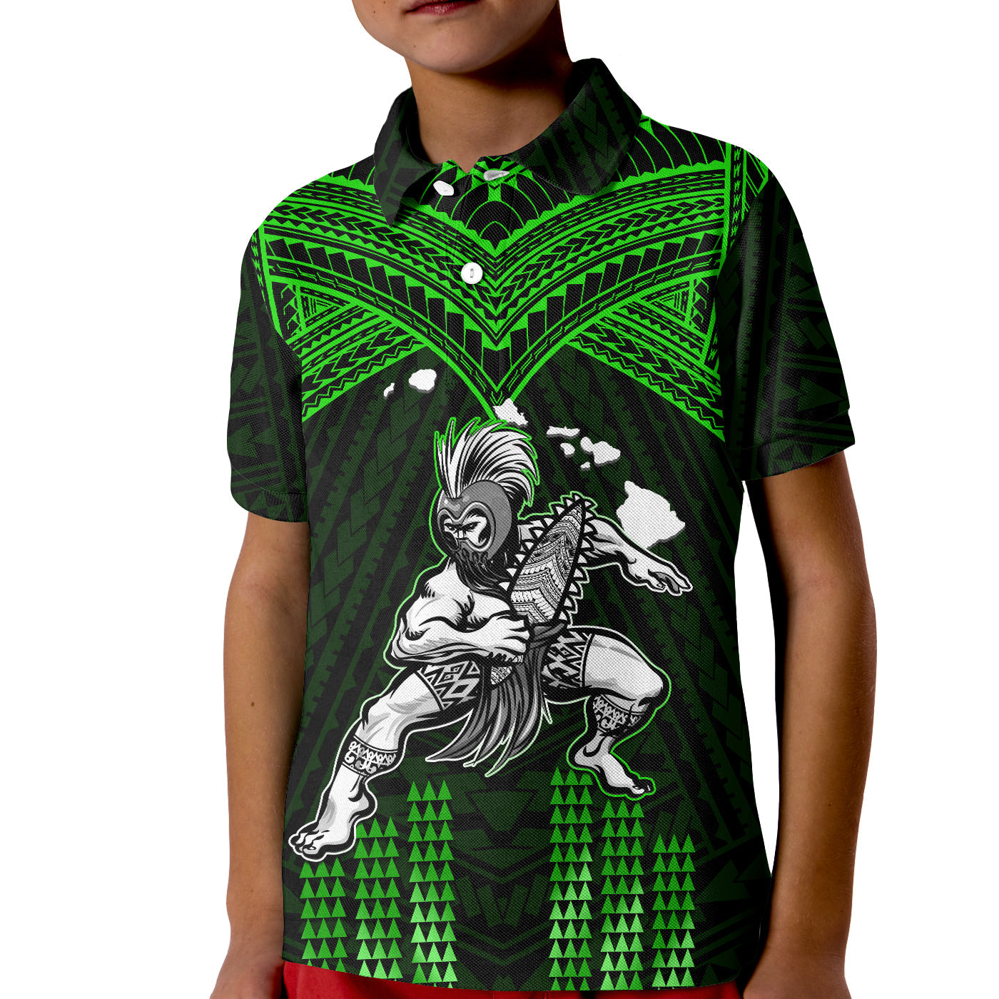 (Custom Personalised) Hawaii Polo Shirt KID Hawaiian Warrior With Weapon Polynesian Ver.03 LT14 Kid Green - Polynesian Pride