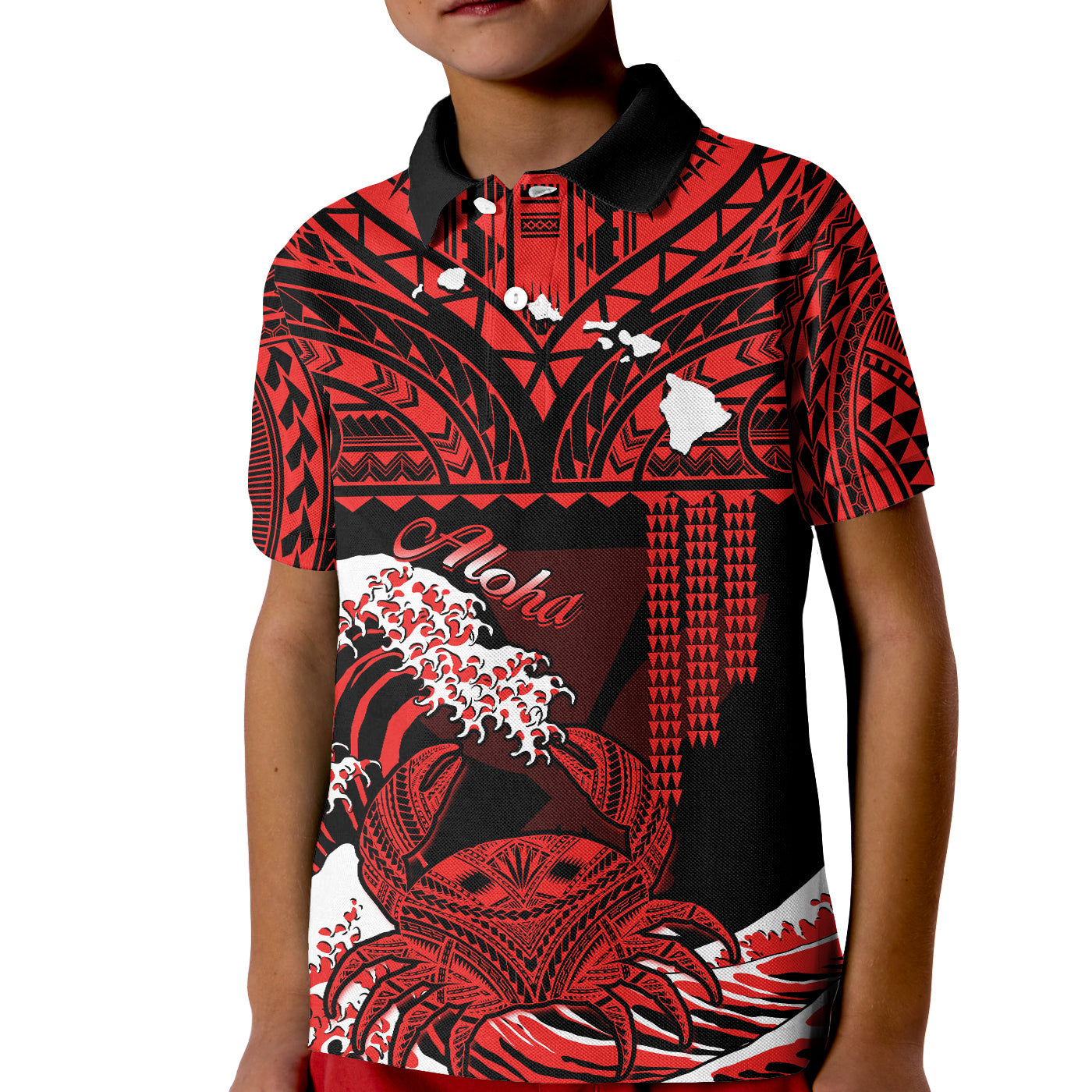 (Custom Personalised) Hawaii Polo Shirt KID Kakau Polynesian Crab With Waves Ver.03 LT14 Kid Red - Polynesian Pride