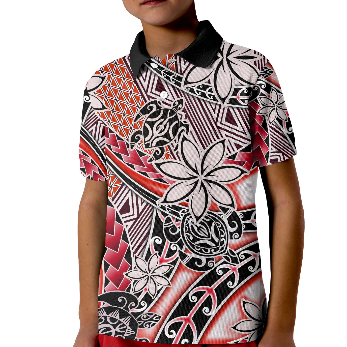 (Custom Personalised) Hawaii Polo Shirt KID Tribal Plumeria With Polynesian Turtle Ver.03 LT14 Kid Red - Polynesian Pride