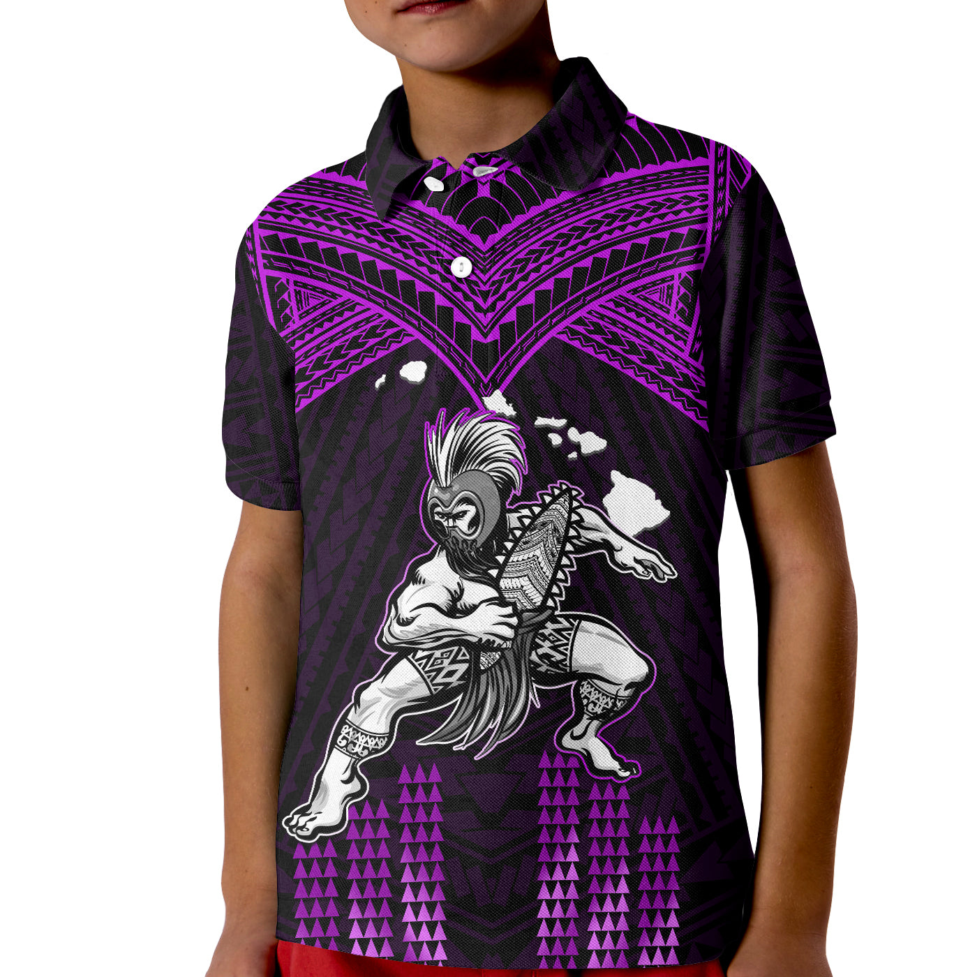 (Custom Personalised) Hawaii Polo Shirt KID Hawaiian Warrior With Weapon Polynesian Ver.04 LT14 Kid Purple - Polynesian Pride