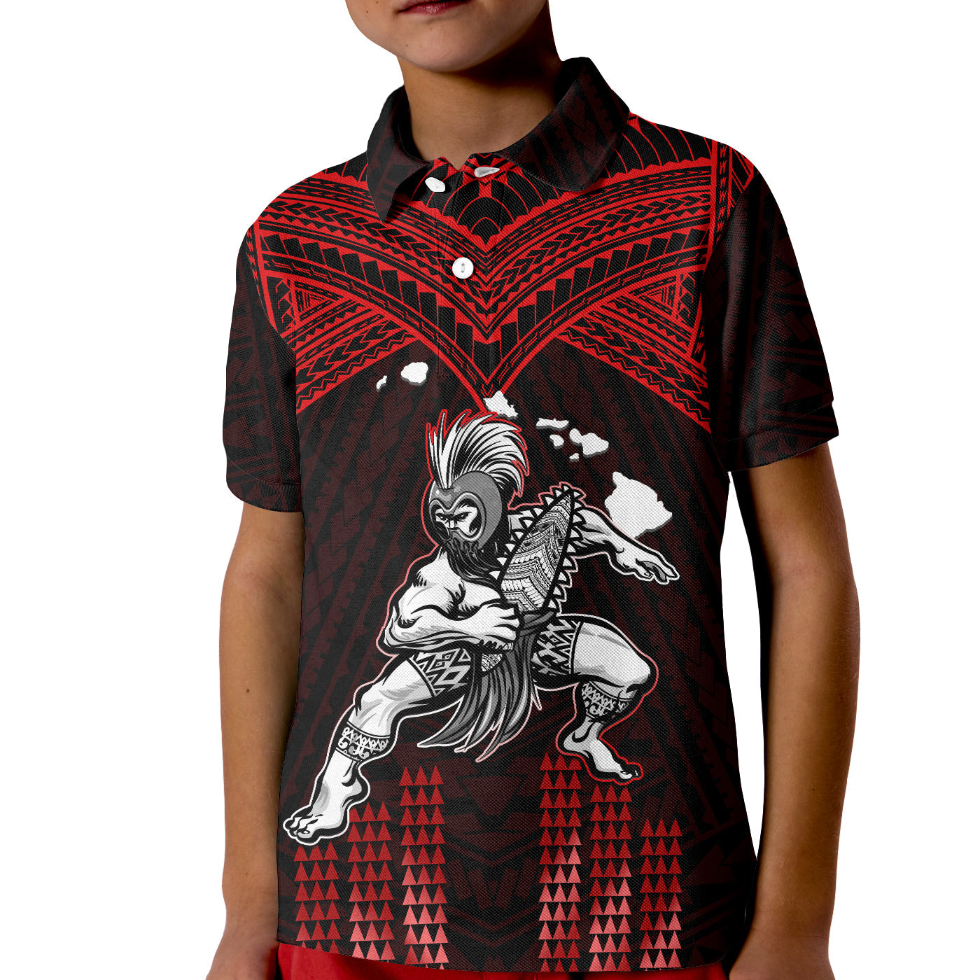 (Custom Personalised) Hawaii Polo Shirt KID Hawaiian Warrior With Weapon Polynesian Ver.05 LT14 Kid Red - Polynesian Pride