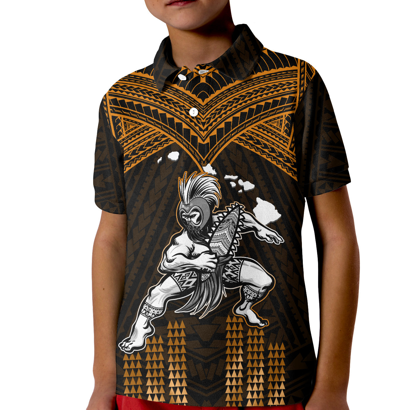 (Custom Personalised) Hawaii Polo Shirt KID Hawaiian Warrior With Weapon Polynesian Ver.07 LT14 Kid Gold - Polynesian Pride