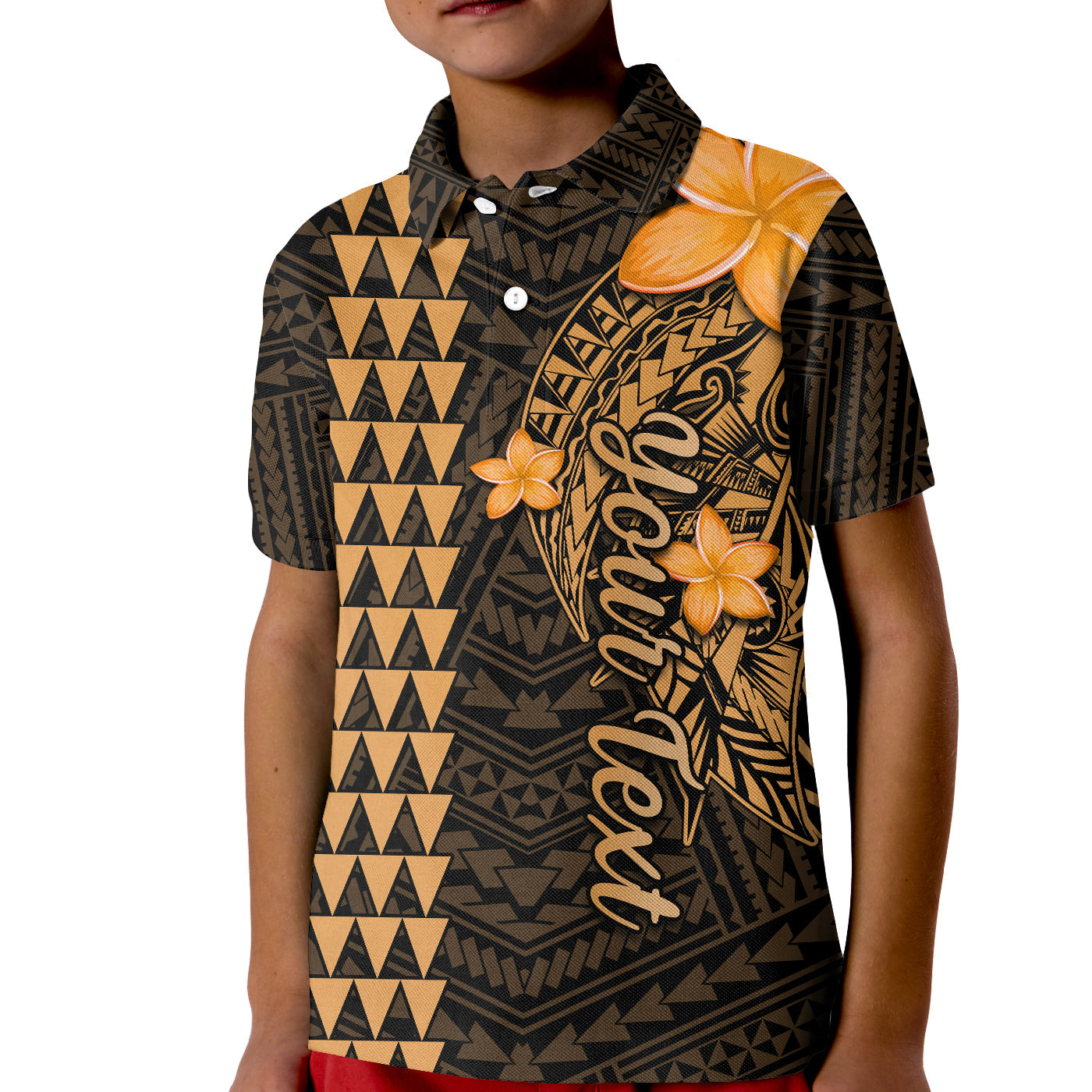 (Custom Personalised) Hawaii Polo Shirt KID Kakau Kanaka Maoli Combine Polynesian Shark Ver.01 LT14 Kid Gold - Polynesian Pride