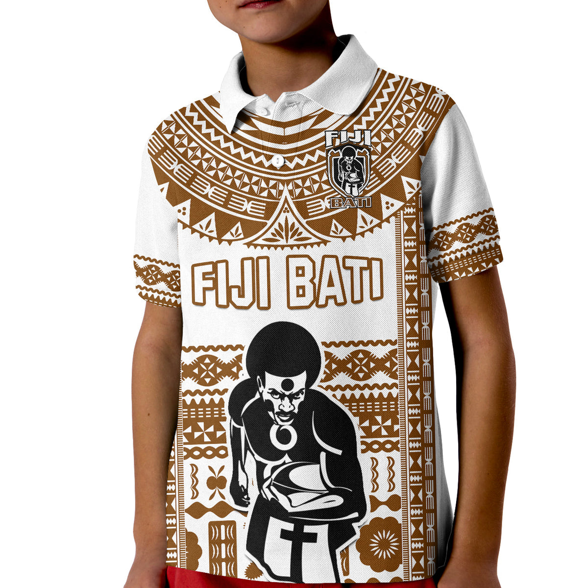 Custom Text and Number Fiji Rugby Polo Shirt KID Pacific The Bati Brown Fijian Tapa LT14 - Polynesian Pride