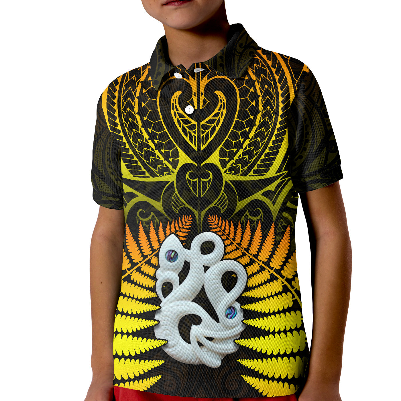 (Custom Text and Number) Aotearoa Fern Polo Shirt KID New Zealand Hei Tiki Gold Style LT13 Kid Gold - Polynesian Pride