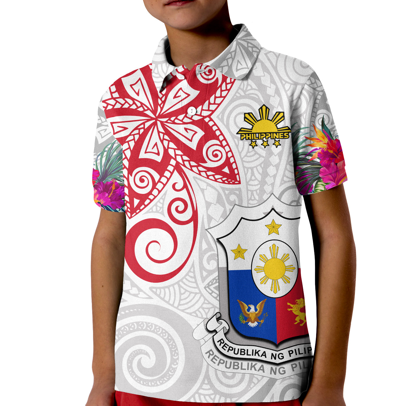 (Custom Personalised) Philippines Polo Shirt KID Sun Filipino Polynesian mix Flowers White Vibe LT13 Kid White - Polynesian Pride