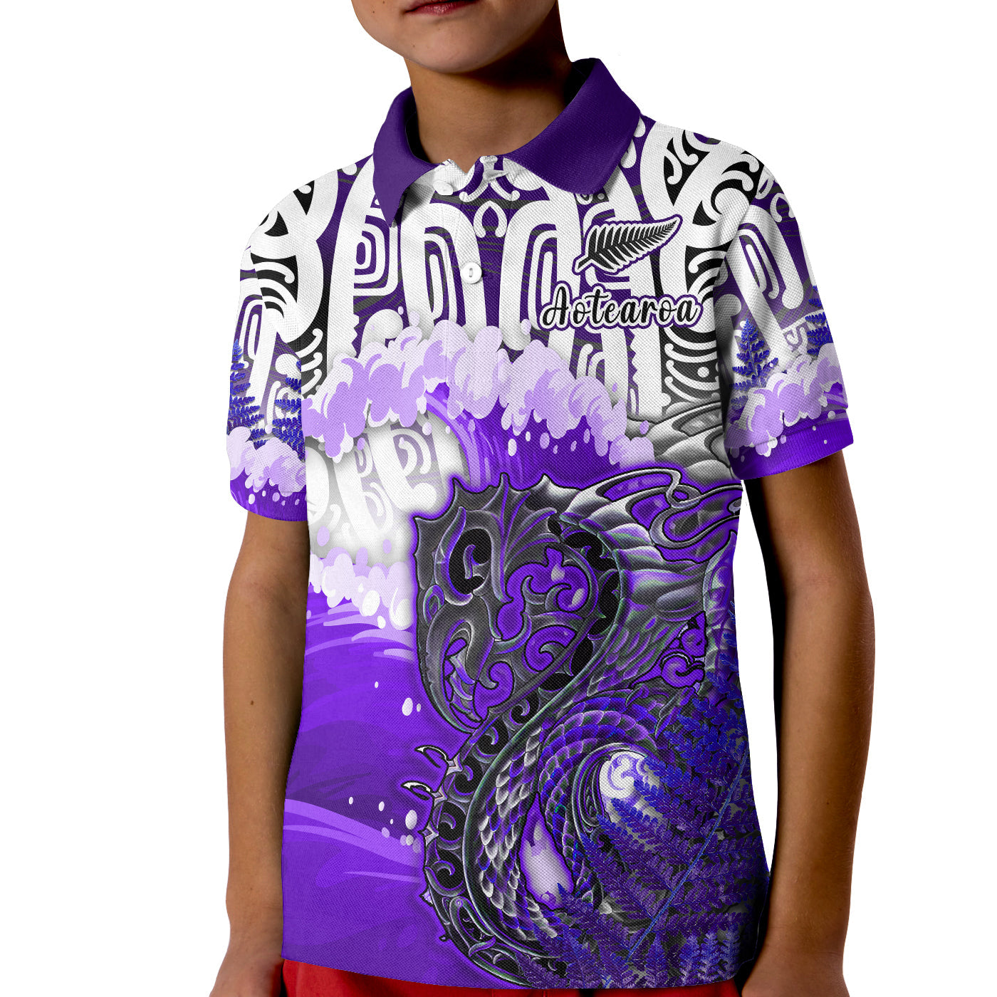 (Custom Personalised) Manaia Maori Polo Shirt KID Fern Aotearoa Purple Waves LT13 Kid Purple - Polynesian Pride