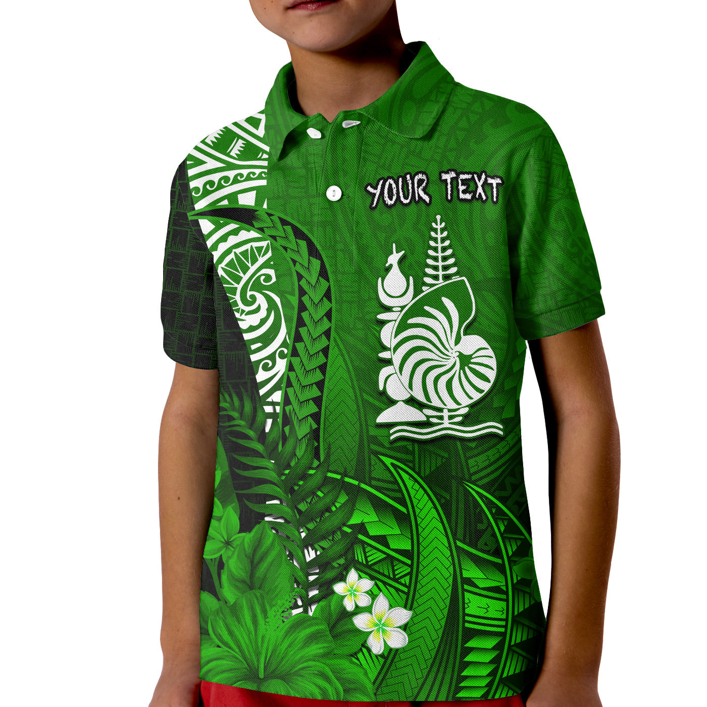 (Custom Personalised) New Caledonia Polo Shirt KID Nautilus Green Polynesian Hibiscus LT13 Kid Green - Polynesian Pride