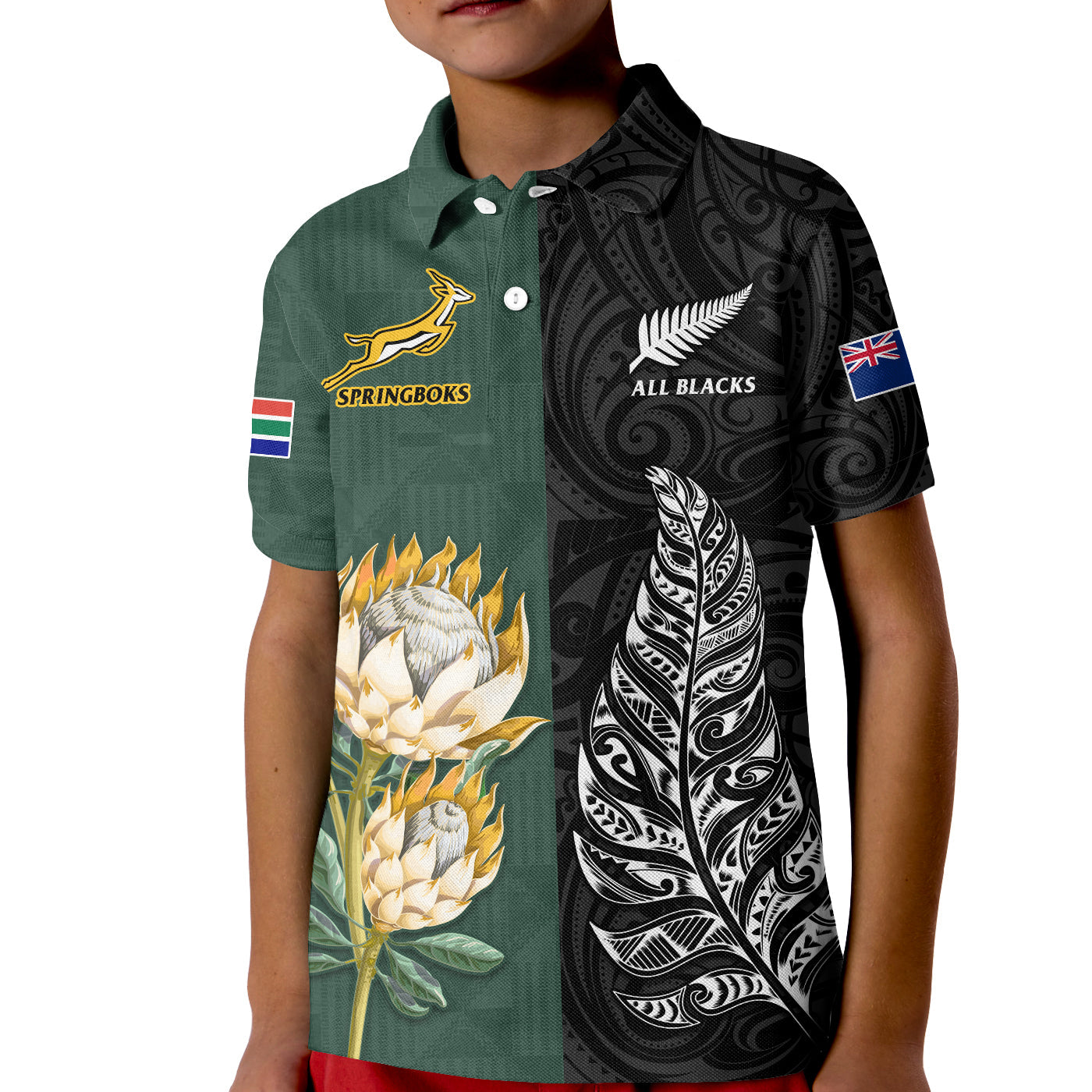 (Custom Text and Number) South Africa Protea and New Zealand Fern Polo Shirt Rugby Go Springboks vs All Black LT13 - Polynesian Pride