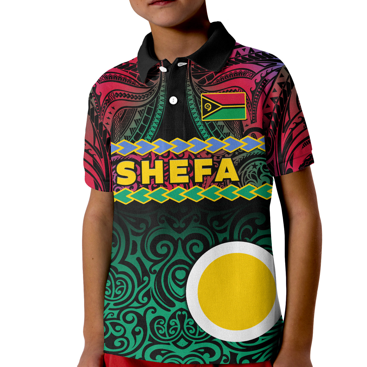 Shefa Province Polo Shirt KID Vanuatu Pig Tusk Polynesian Flag Style LT14 Kid Black - Polynesian Pride