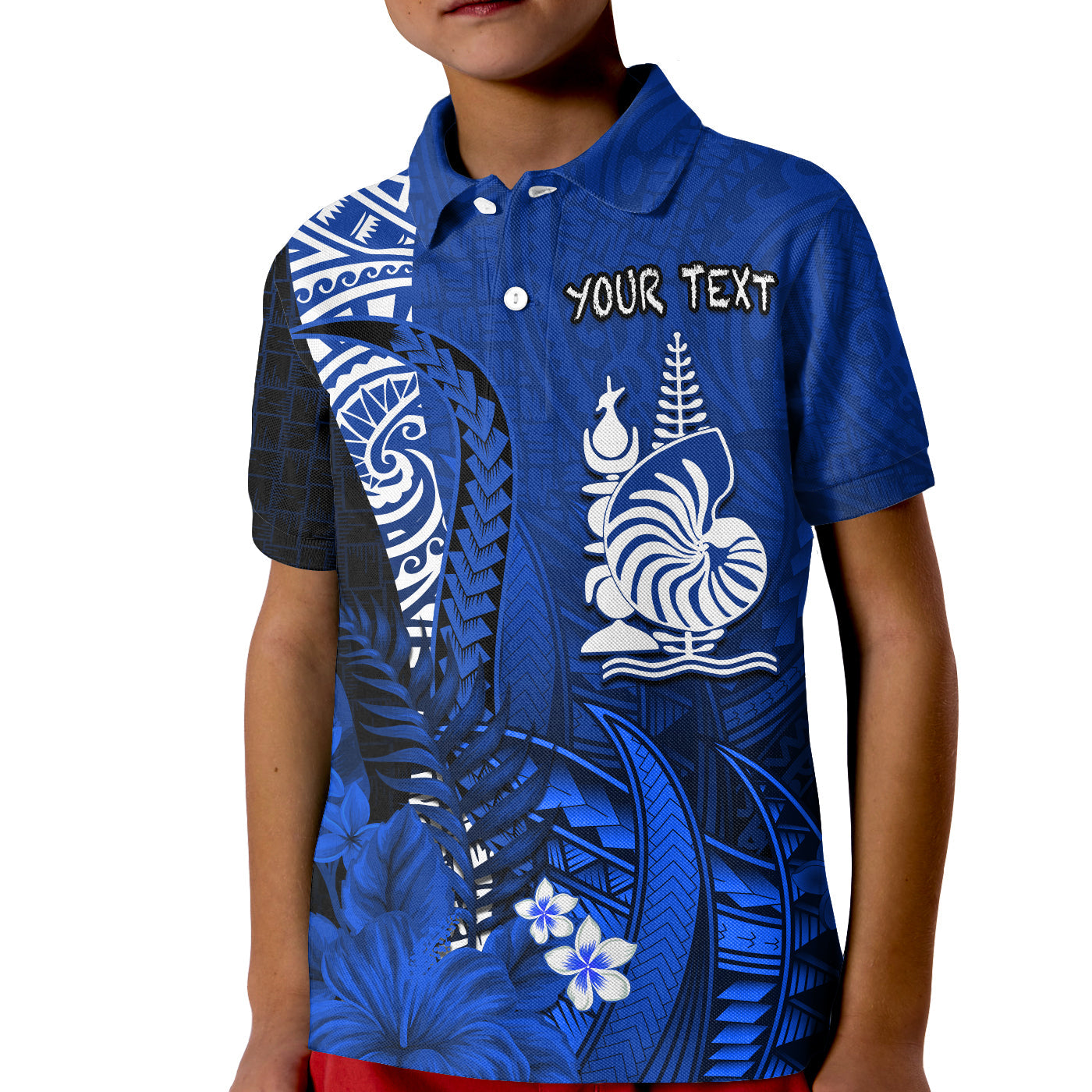 (Custom Personalised) New Caledonia Polo Shirt KID Nautilus Blue Polynesian Hibiscus LT13 Kid Blue - Polynesian Pride