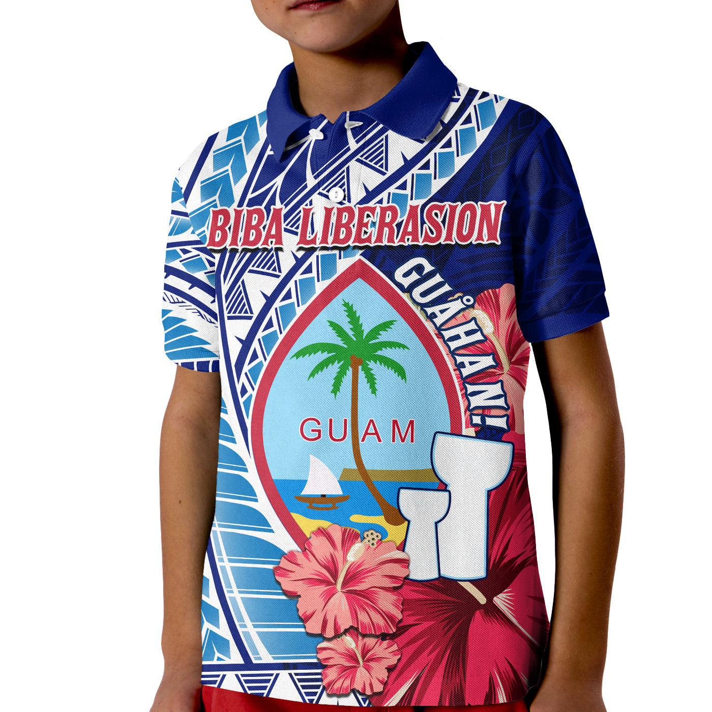 Guam Chamorro Polo Shirt KID Happy Liberation Day Latte Stone LT13 Kid Blue - Polynesian Pride