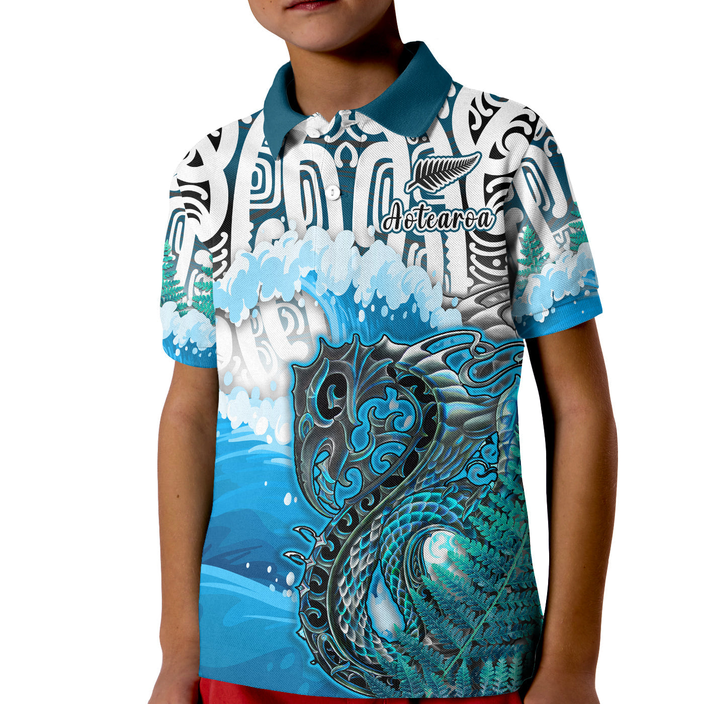 (Custom Personalised) Manaia Maori Polo Shirt KID Fern Aotearoa Blue Waves LT13 Kid Blue - Polynesian Pride