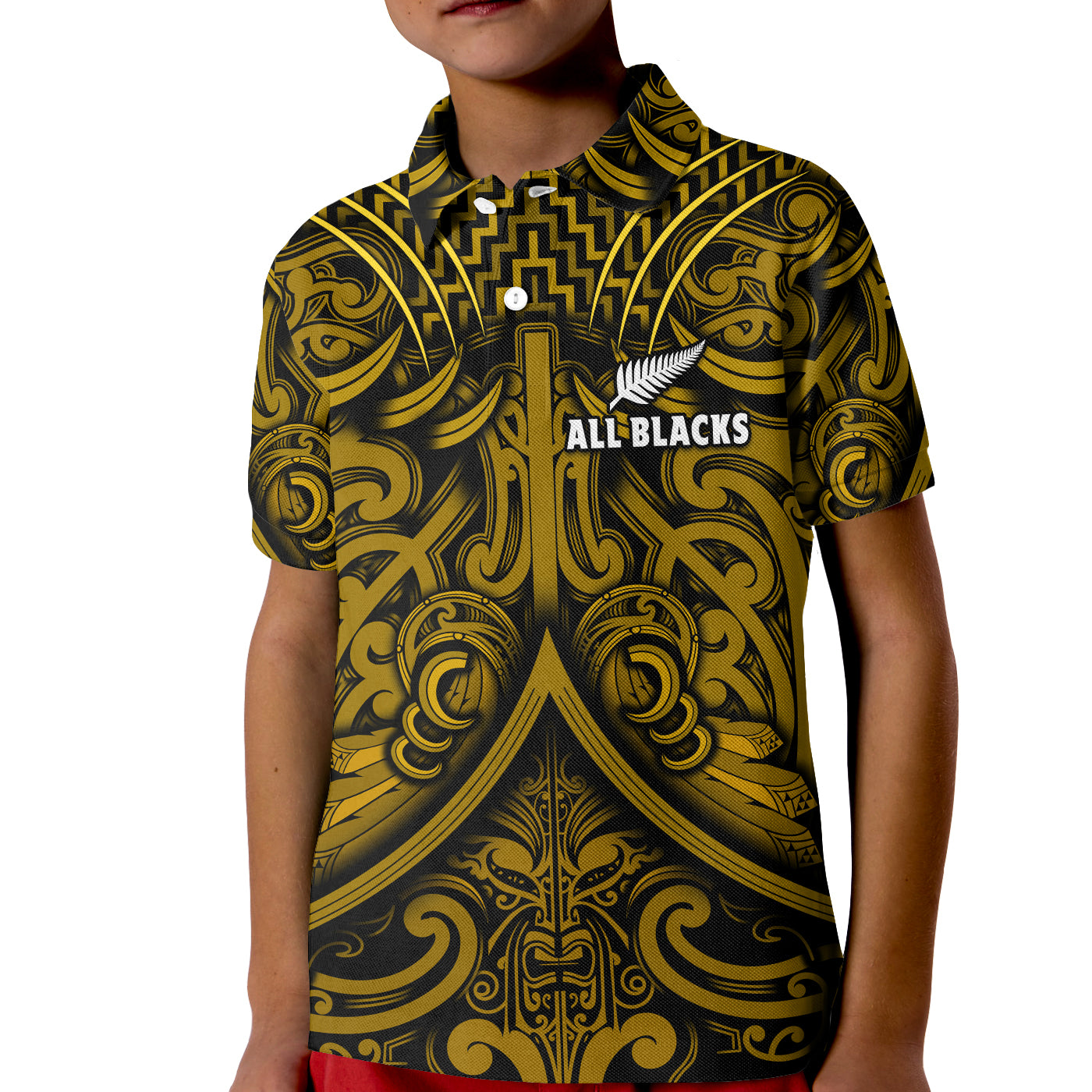 (Custom Text and Number) New Zealand Silver Fern Rugby Polo Shirt KID All Black Gold NZ Maori Pattern LT13 Kid Gold - Polynesian Pride