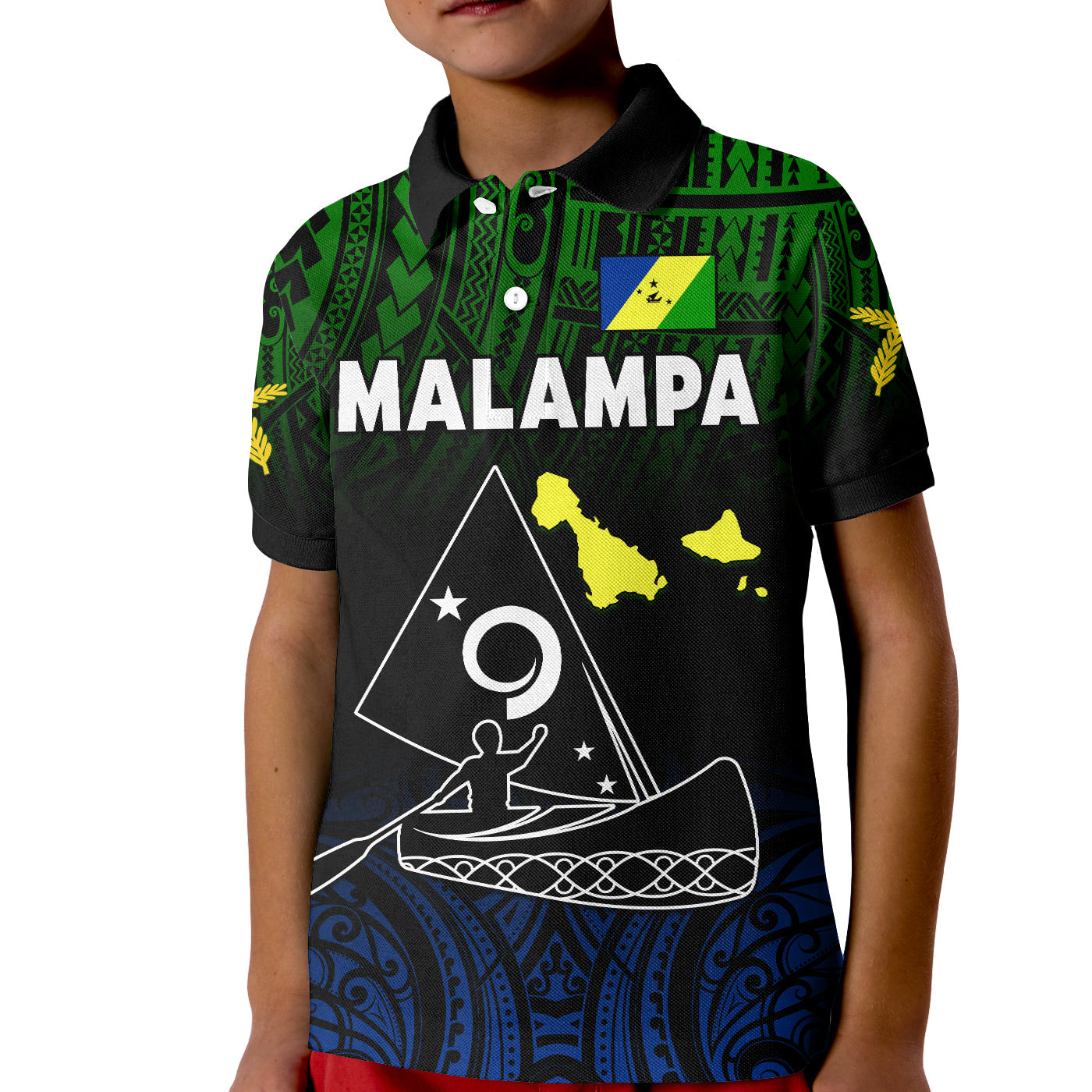 Malampa Province Polo Shirt KID Native Canoe Mix Vanuatu Pig Tusk Black Version LT14 Kid Black - Polynesian Pride