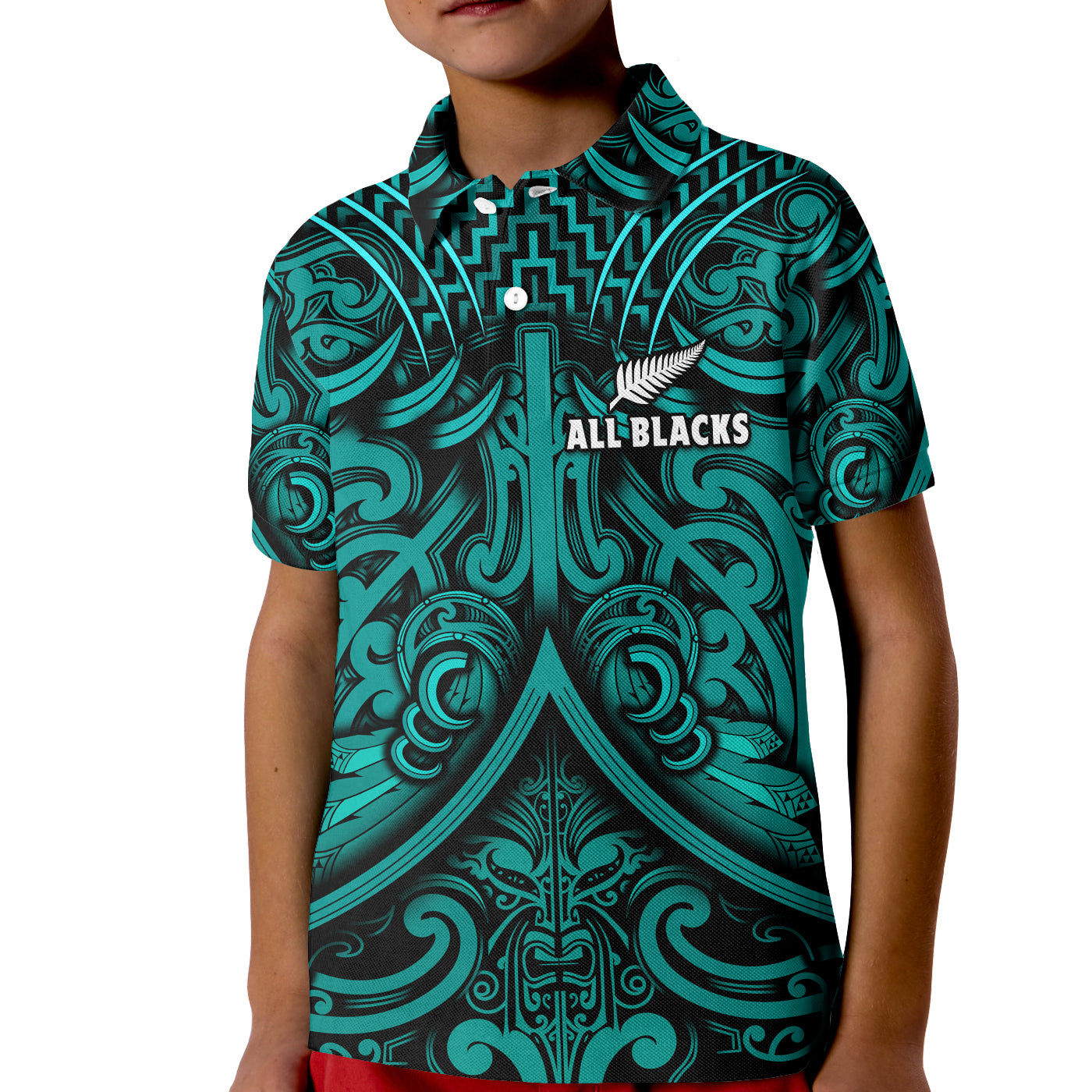 (Custom Text and Number) New Zealand Silver Fern Rugby Polo Shirt KID All Black Turquoise NZ Maori Pattern LT13 Kid Turquoise - Polynesian Pride