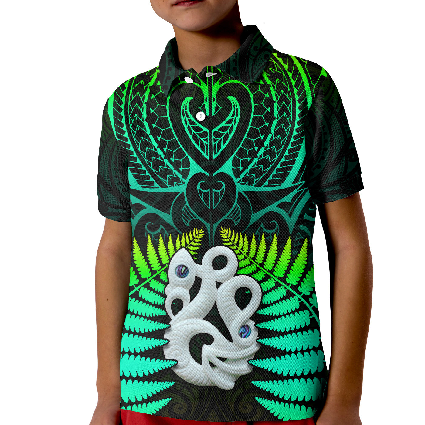 Aotearoa Fern Polo Shirt KID New Zealand Hei Tiki Green Style LT13 Kid Green - Polynesian Pride