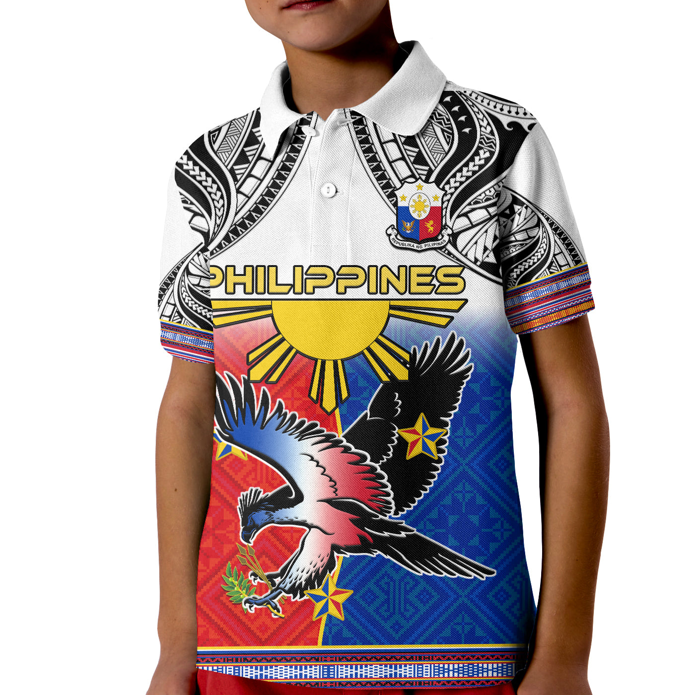 Philippines Polo Shirt KID Polynesian Filipino Pattern With Eagle LT14 Kid White - Polynesian Pride