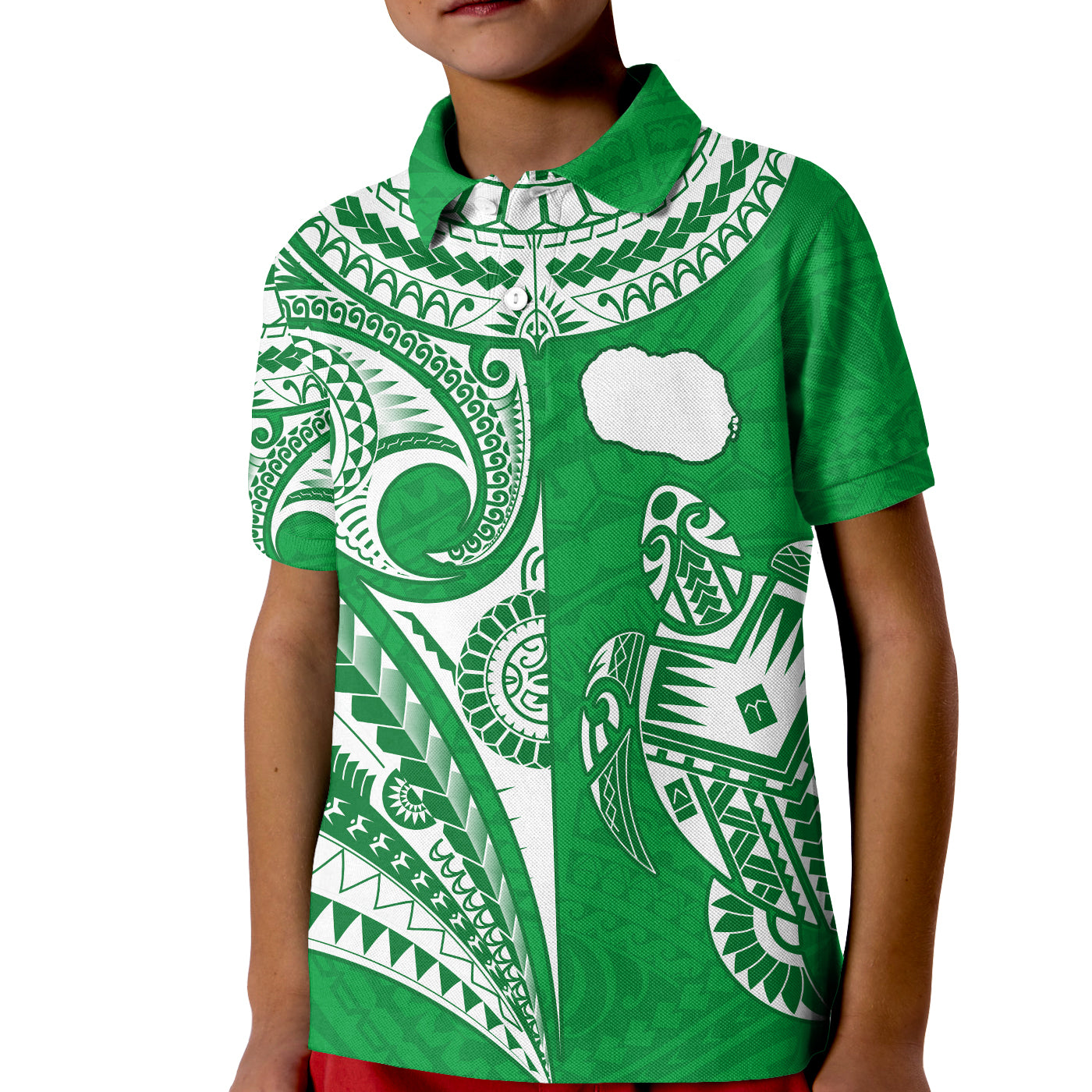 Rarotonga Cook Islands Polo Shirt KID Turtle and Map Style Green LT13 Kid Green - Polynesian Pride