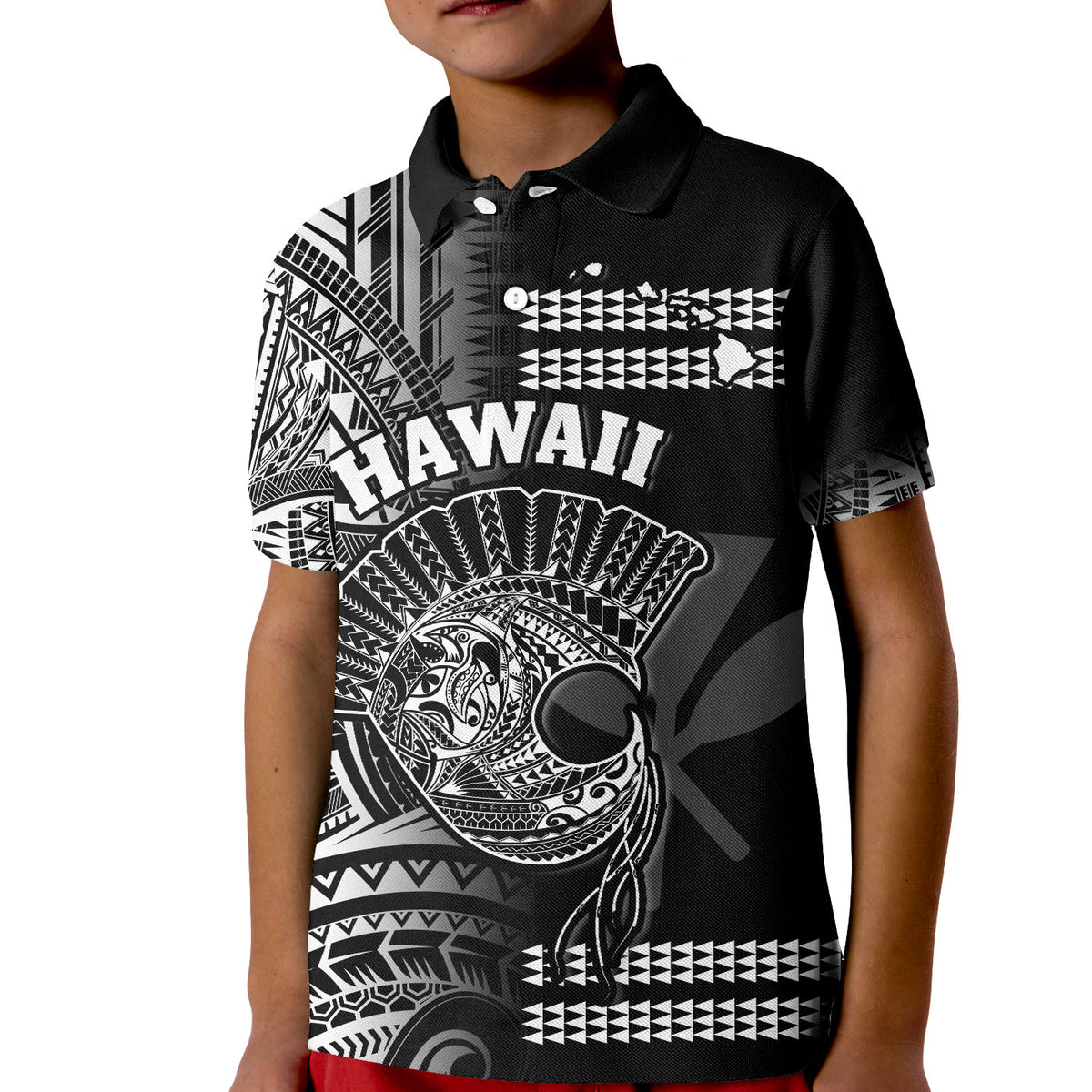 Hawaii Polo Shirt Kakau Warrior Helmet Gradient White Polynesian LT14 - Polynesian Pride