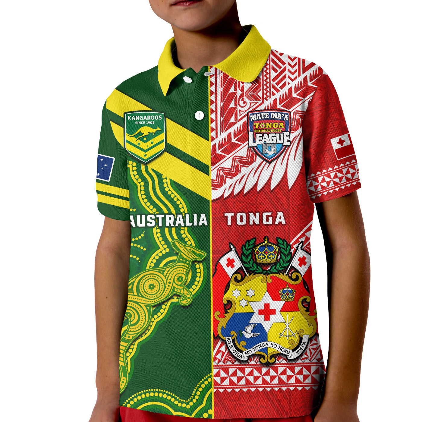 (Custom Personalised) Tonga And Australia Rugby Polo Shirt KID Mate Maa Tonga Mix Kangaroos LT14 Kid Red - Polynesian Pride