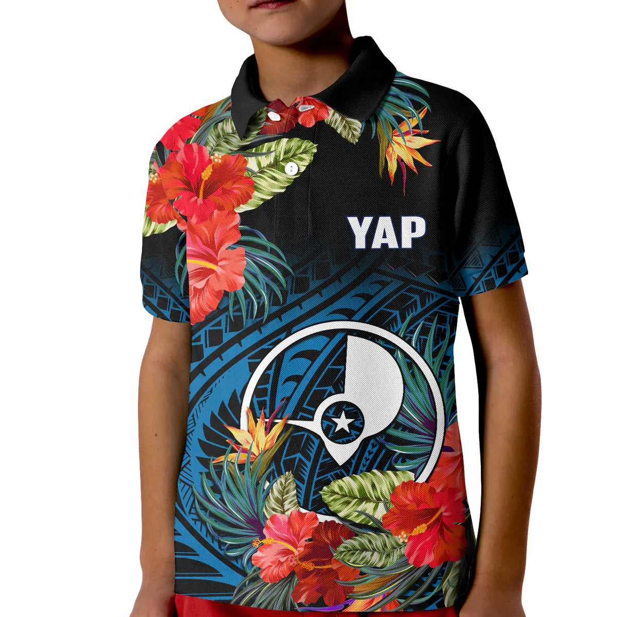 Yap State Polo Shirt FSM Hibiscus Flowers Mix Polynesian LT14 - Polynesian Pride