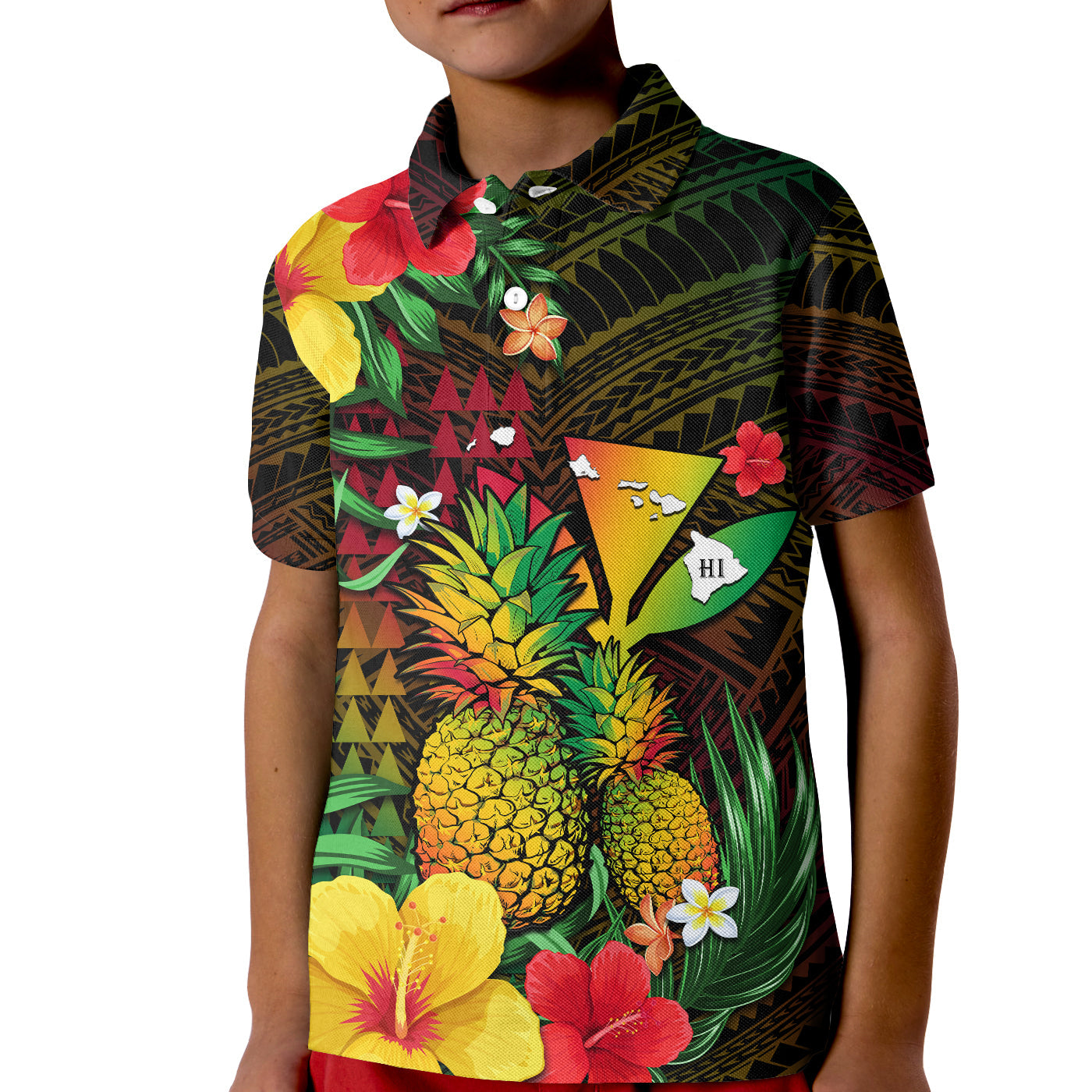 (Custom Personalised) Hawaii Polo Shirt KID Pineapple Mix Kakau Reggae Kanaka LT14 Kid Reggae - Polynesian Pride