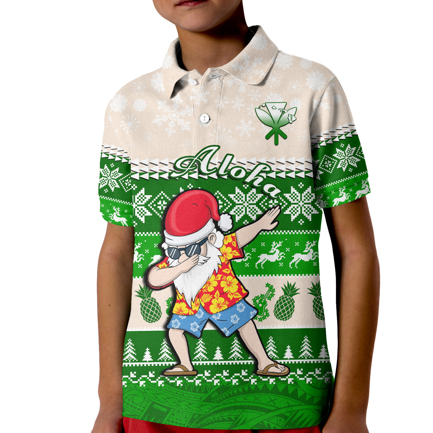 (Custom Personalised) Hawaii Mele Kalikimaka Polo Shirt KID Dabbing Santa Green Merry Christmas LT14 Kid Green - Polynesian Pride