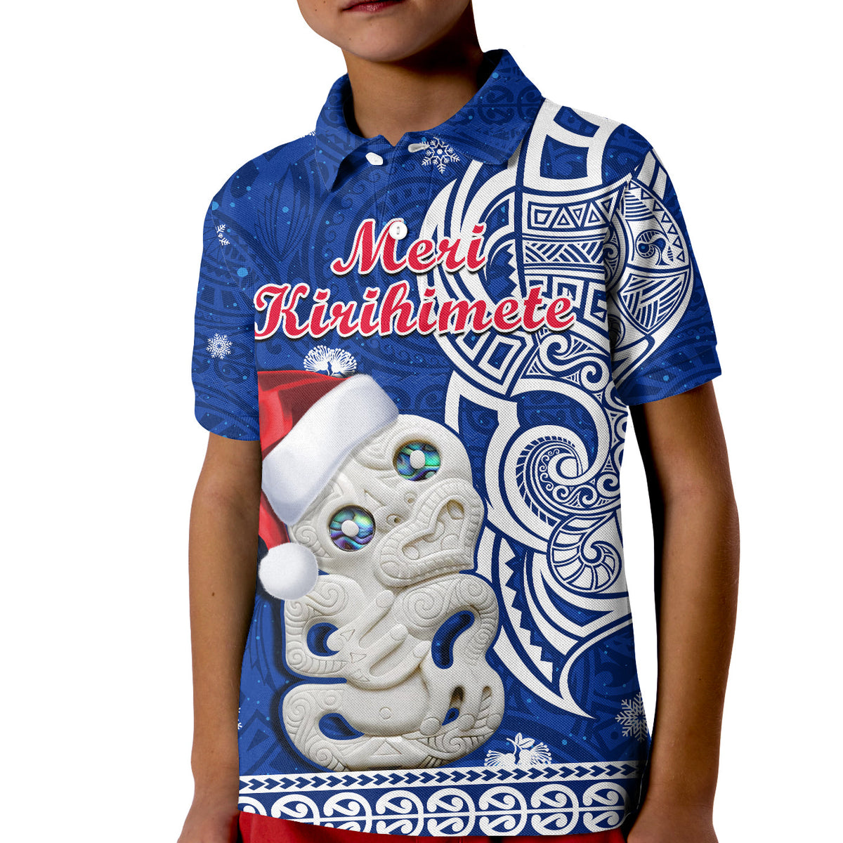 New Zealand Christmas Polo Shirt KID Hei Tiki Blue Pohutukawa Meri Kirihimete LT14 Kid Blue - Polynesian Pride