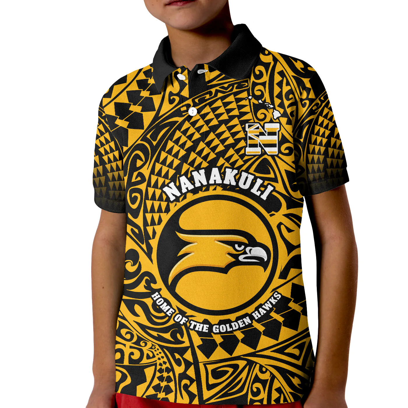 (Custom Text And Number) Hawaii Polo Shirt KID Nanakuli High and Intermediate School Tribal Kakau LT14 Kid Gold - Polynesian Pride