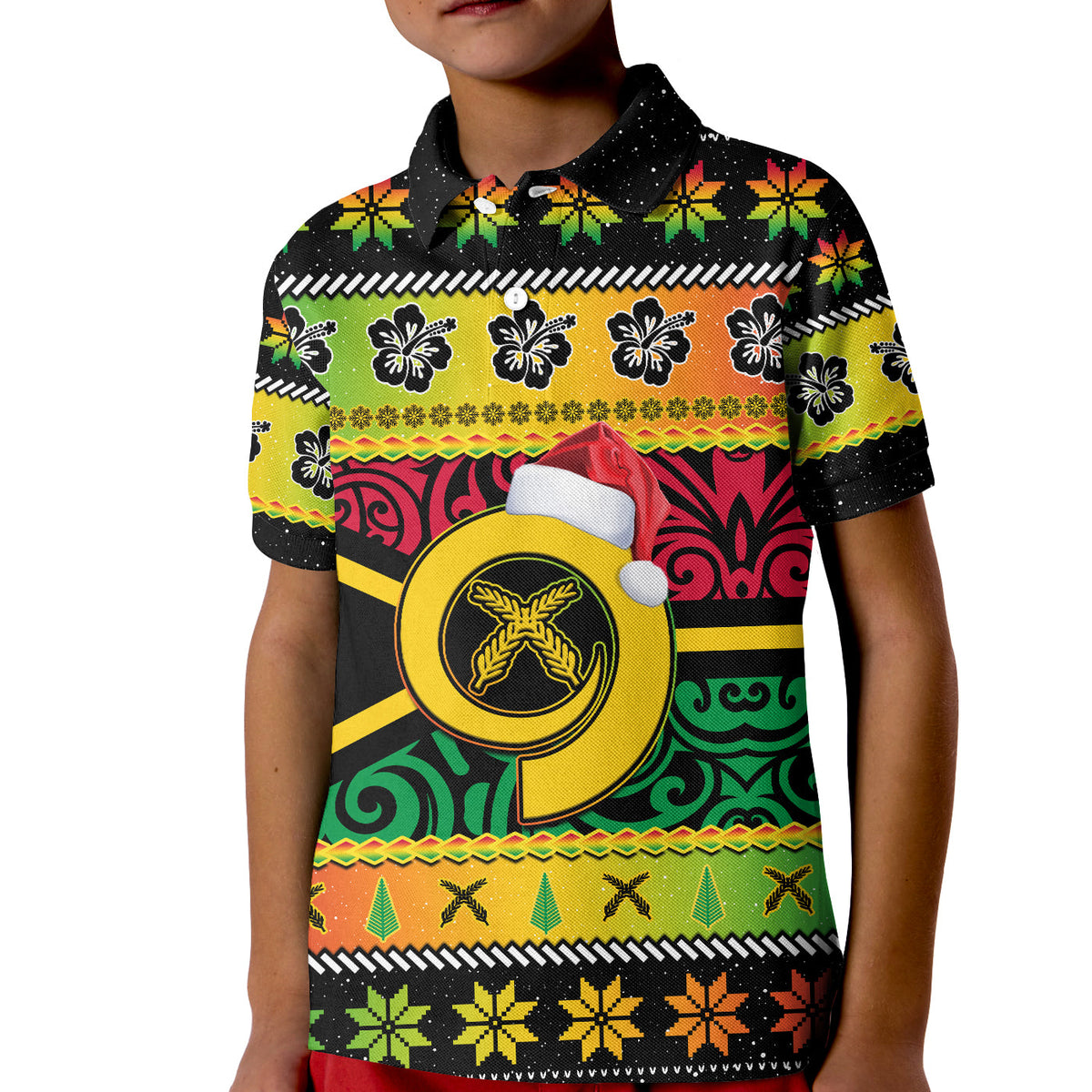 Vanuatu Christmas Polo Shirt KID Pig Tusk Polynesian Joyeux Noel Flag Art LT14 Kid Reggae - Polynesian Pride